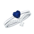 Heart Shape Blue Sapphire Solitaire Wedding Ring Set with Diamond
