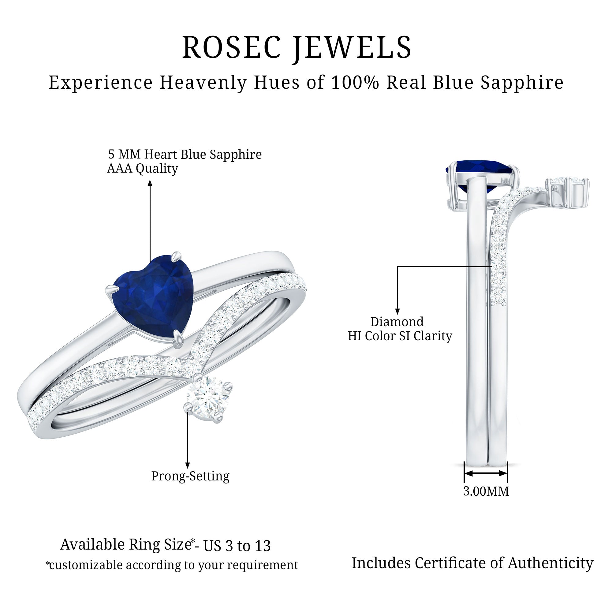 Heart Shape Blue Sapphire Solitaire Wedding Ring Set with Diamond