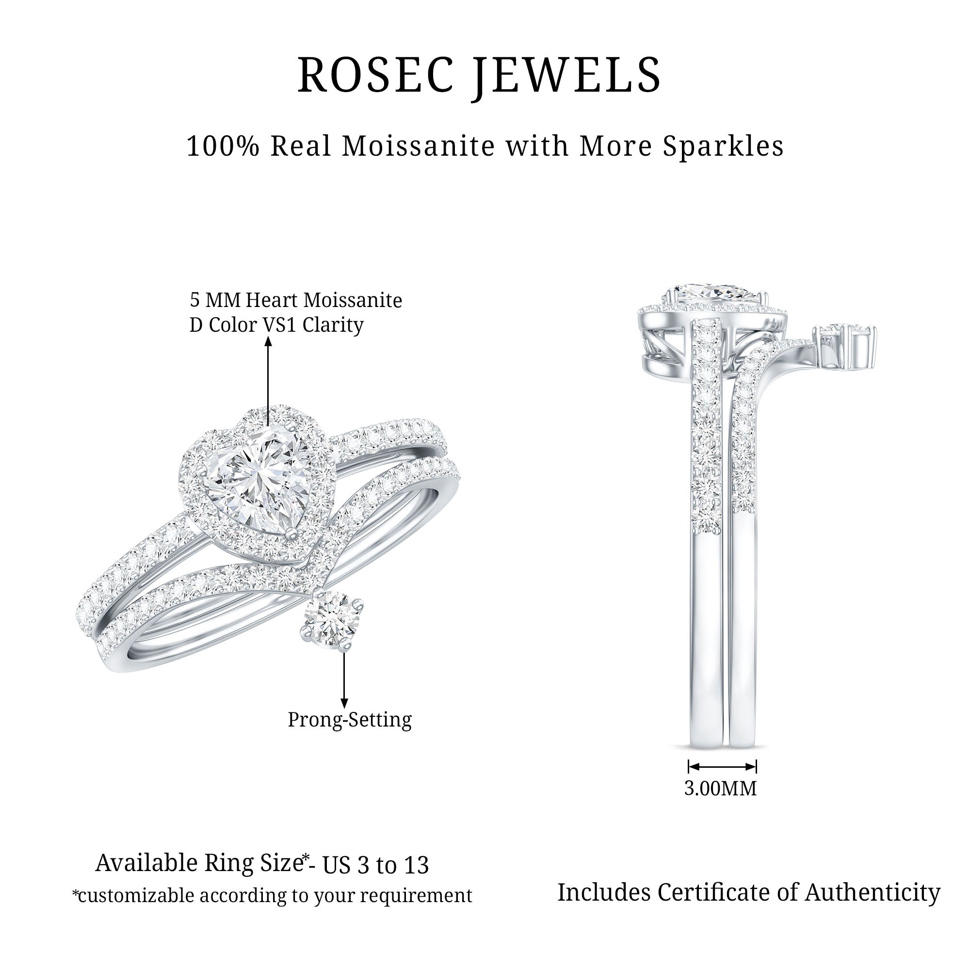 Certified Moissanite Heart Wedding Ring Set for Women