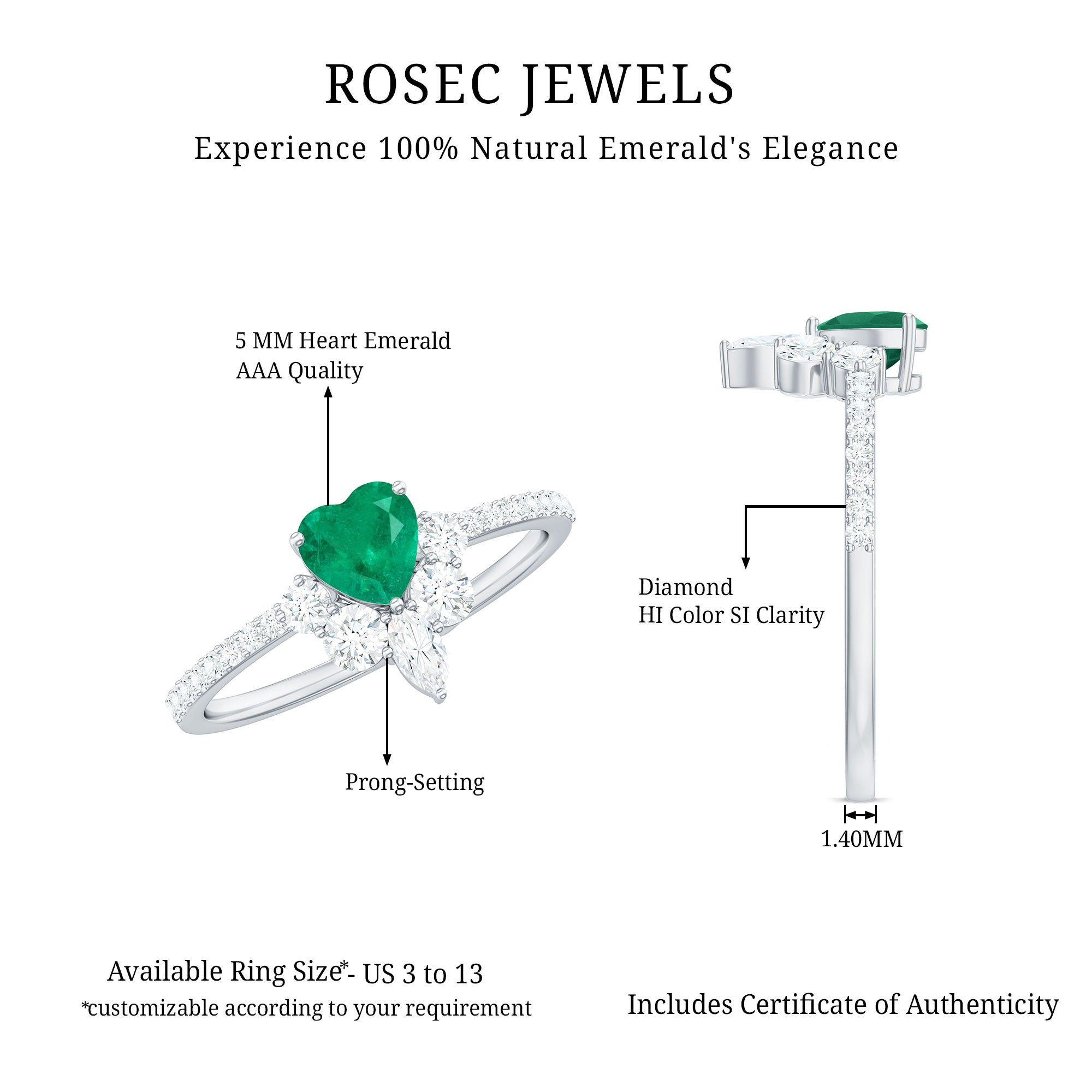 Natural Emerald Heart Promise Ring with Diamond
