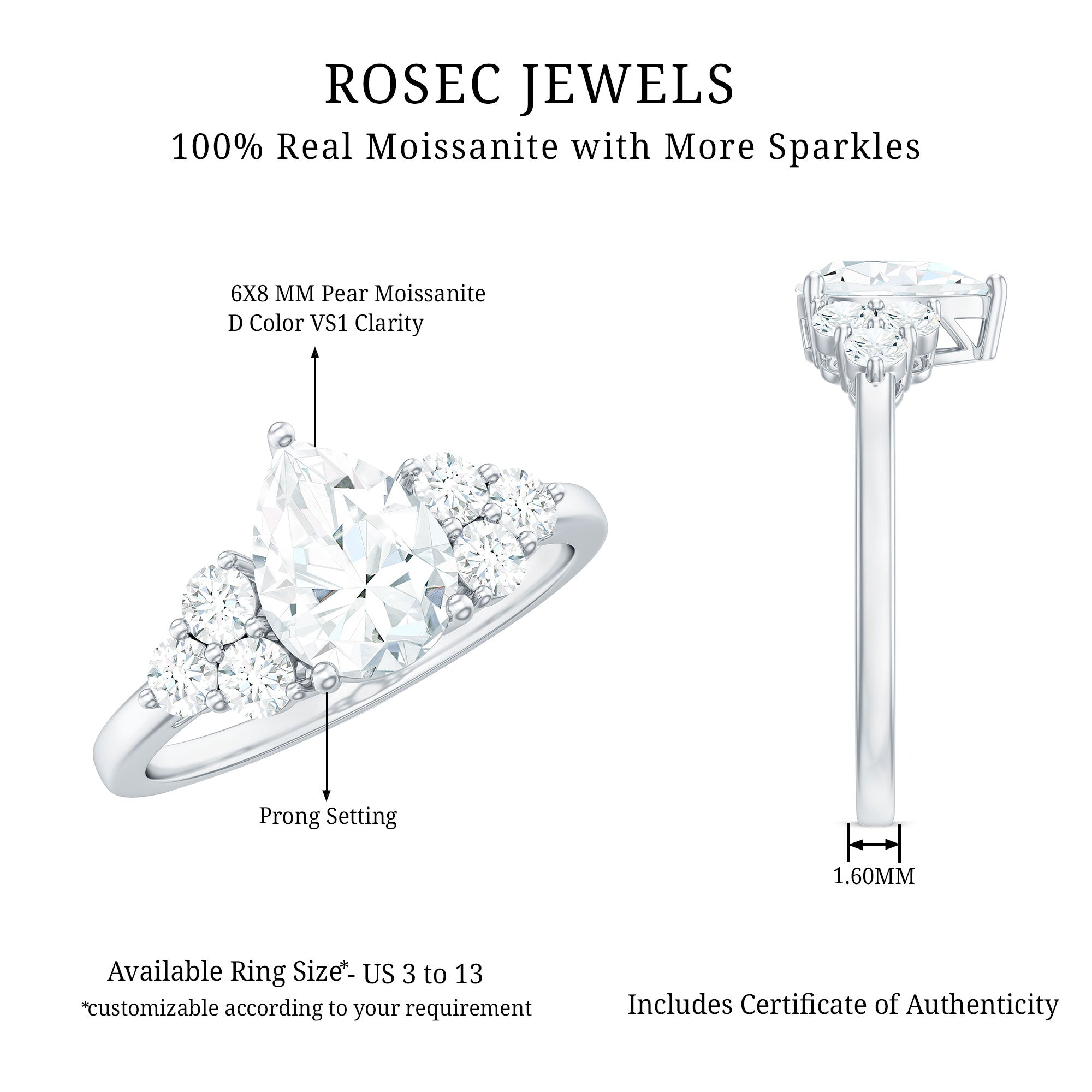 Certified 1.3 Carat Moissanite Pear Engagement Ring with Trio