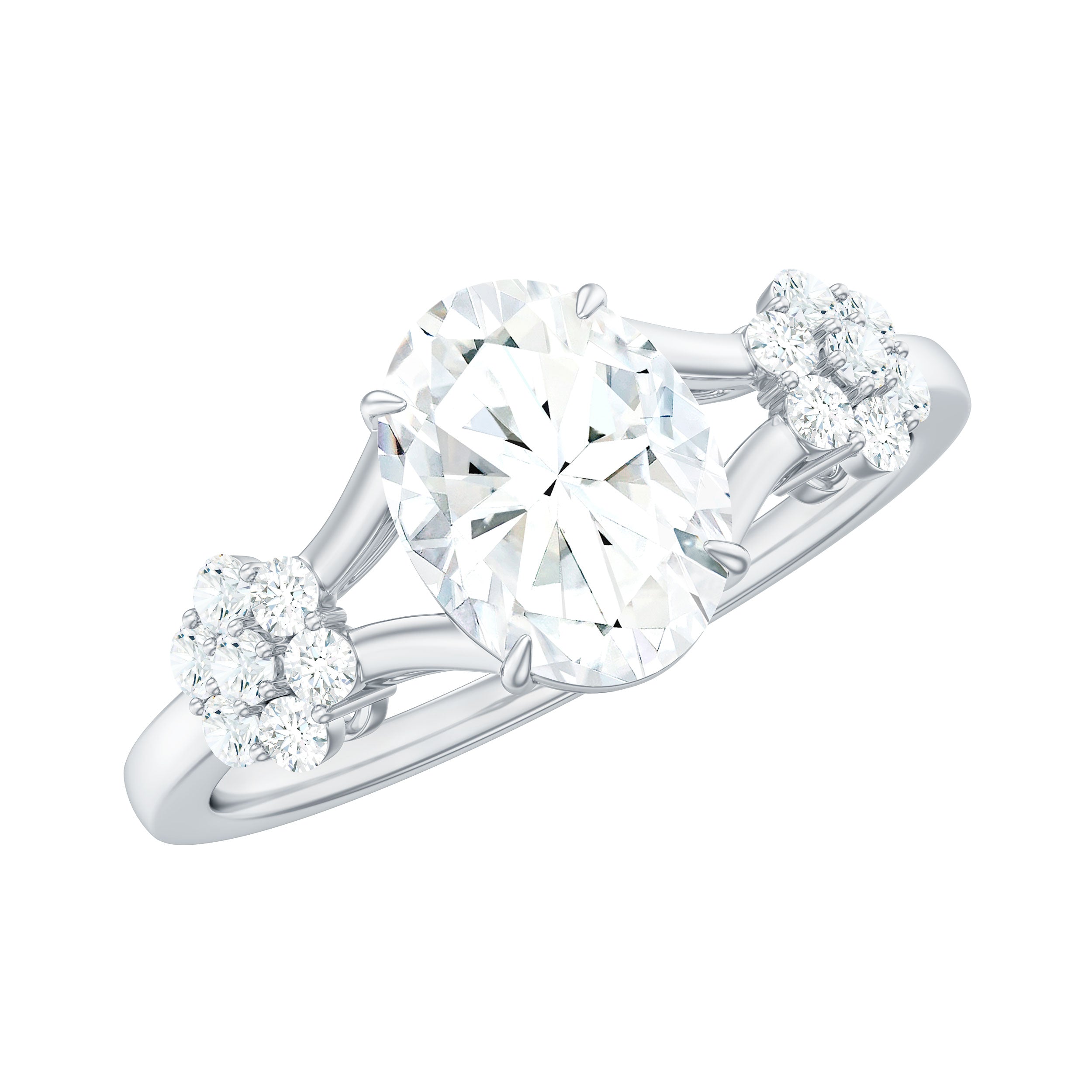 Oval Cut Moissanite Flower Engagement Ring in Split Shank