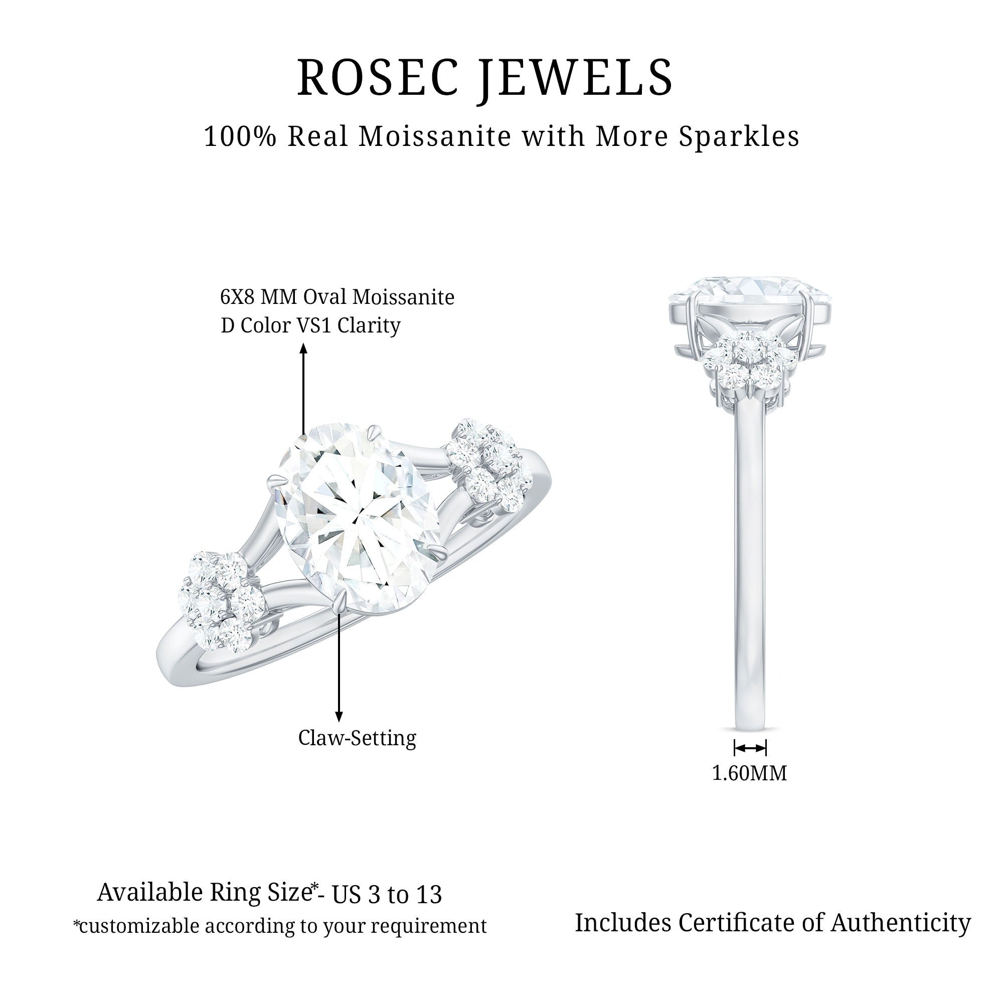 Oval Cut Moissanite Flower Engagement Ring in Split Shank