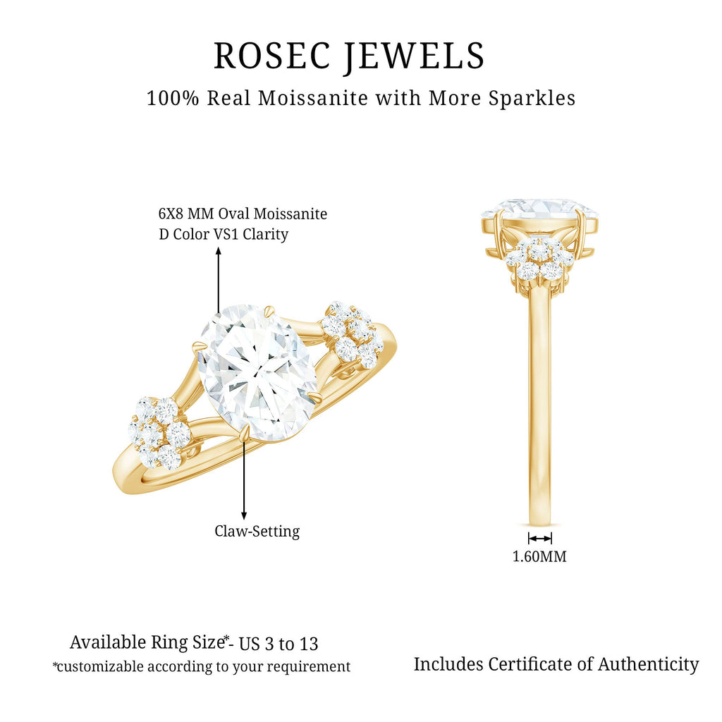 Oval Cut Moissanite Flower Engagement Ring in Split Shank