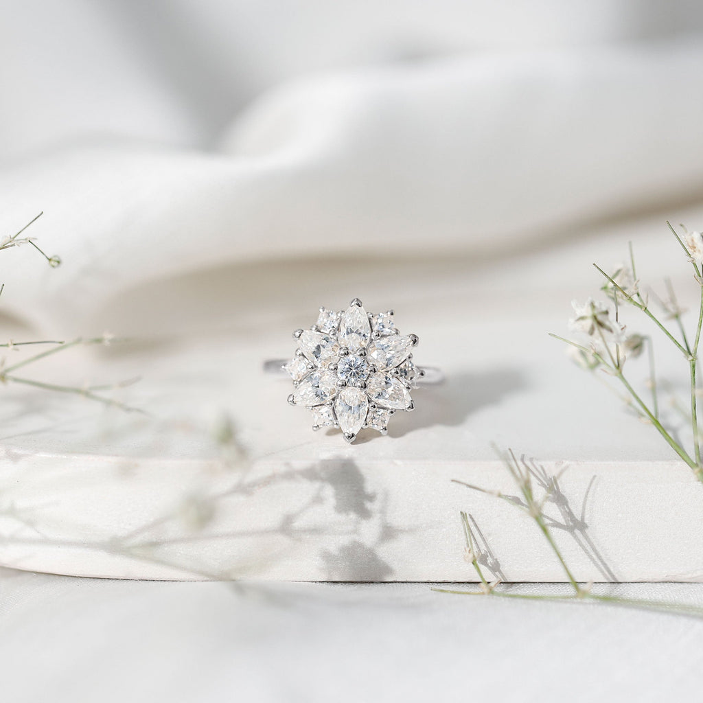 Womens Moissanite Flower Engagement Ring with Certificate