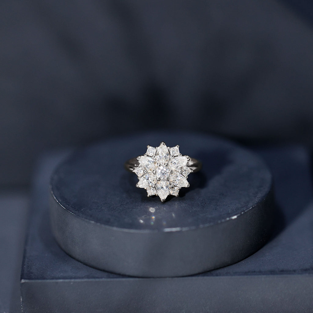 Womens Moissanite Flower Engagement Ring with Certificate