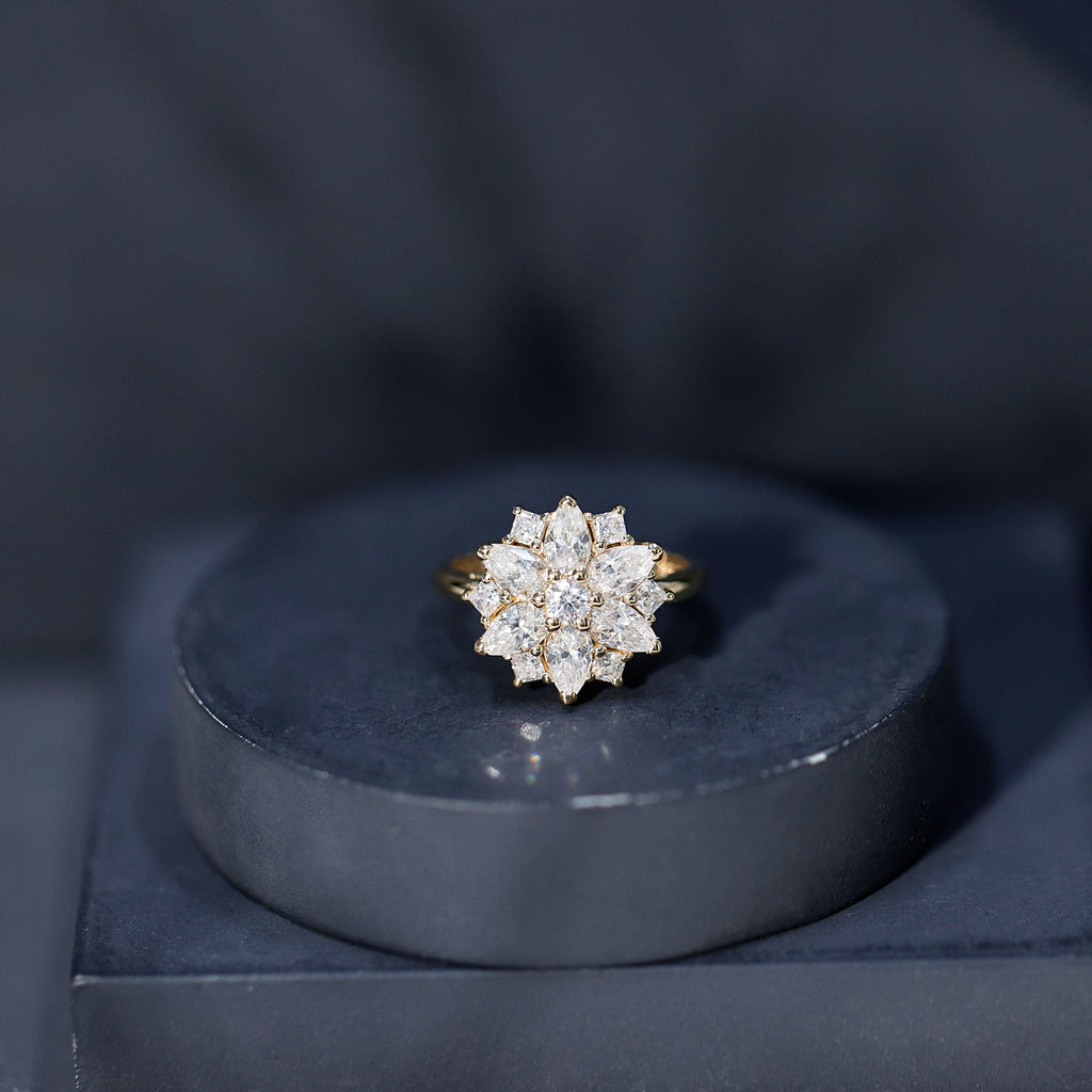 Womens Moissanite Flower Engagement Ring with Certificate