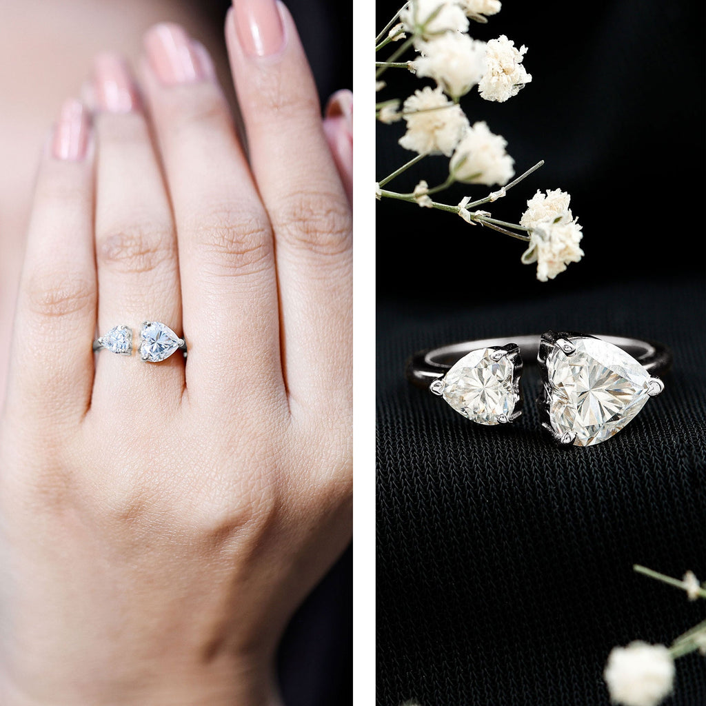 Heart Shape Moissanite Two Stone Cuff Ring