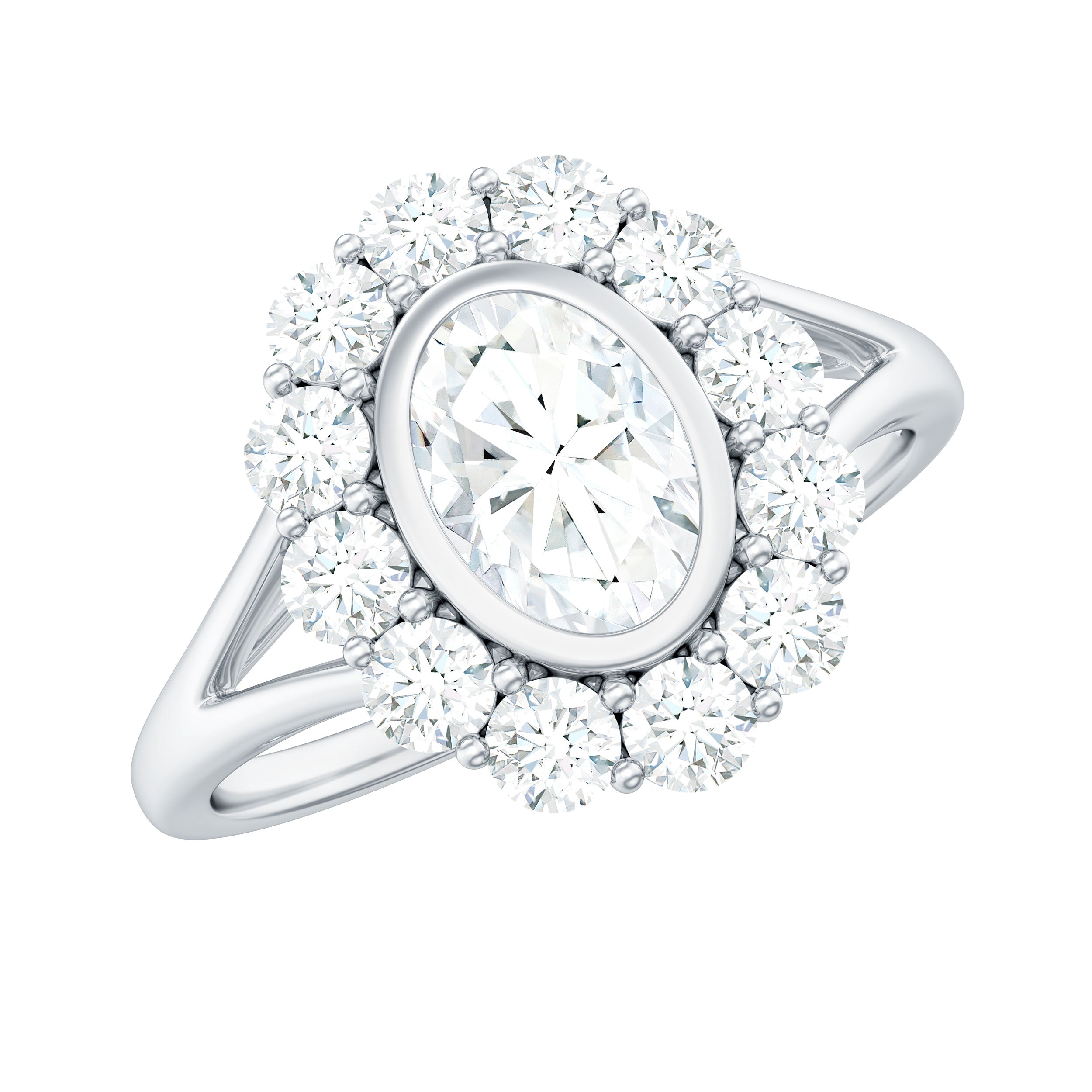 Oval Cut Moissanite Halo Engagement Ring with Split Shank
