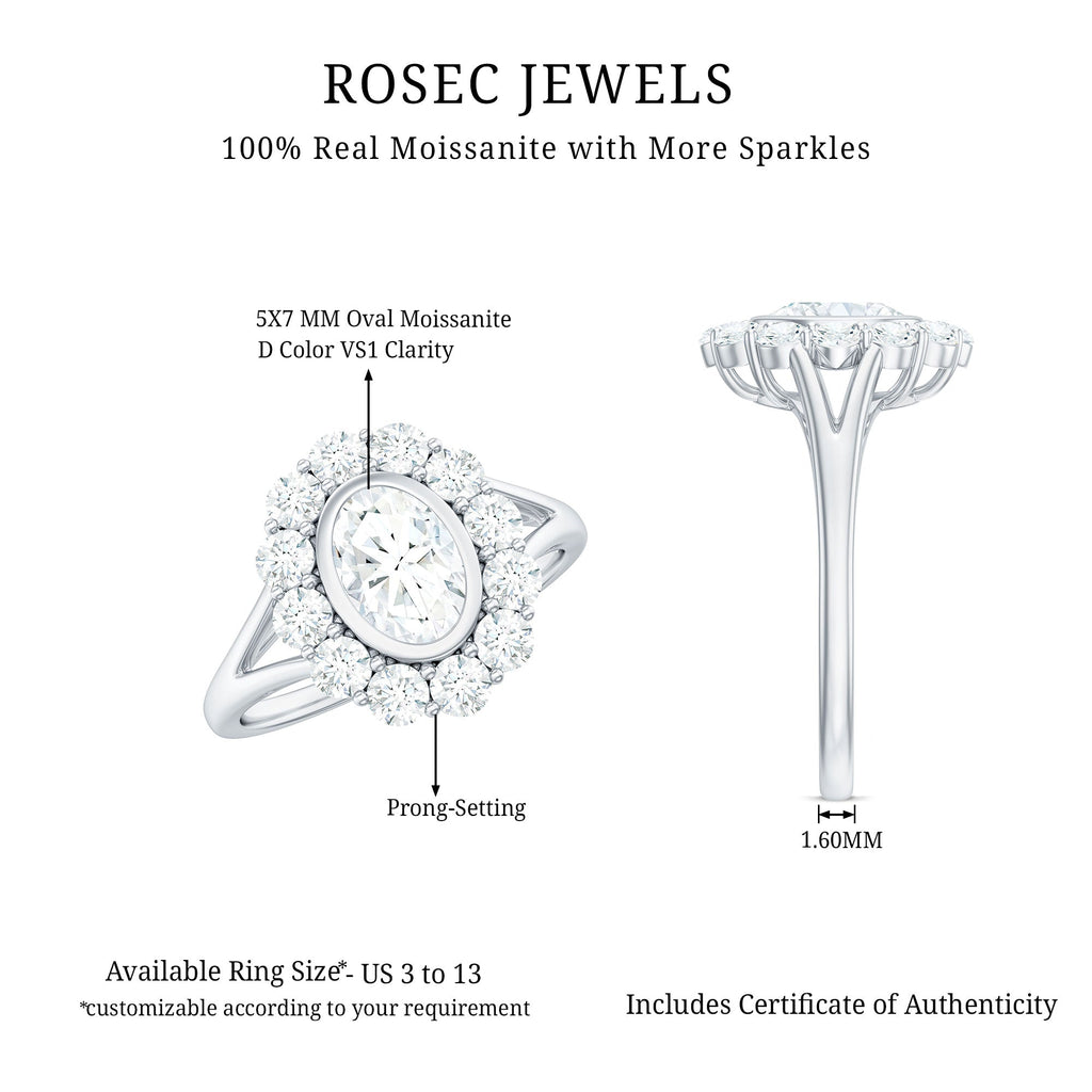 Oval Cut Moissanite Halo Engagement Ring with Split Shank