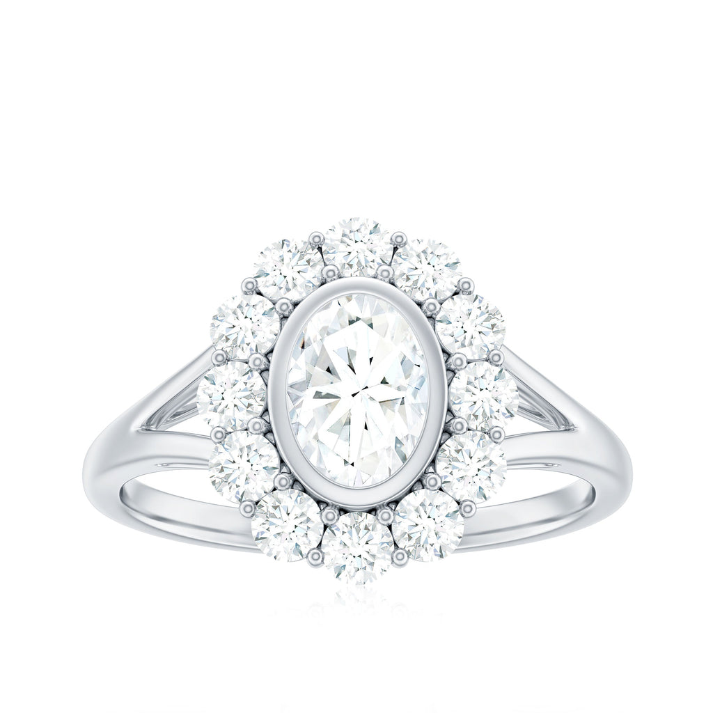 Oval Cut Moissanite Halo Engagement Ring with Split Shank