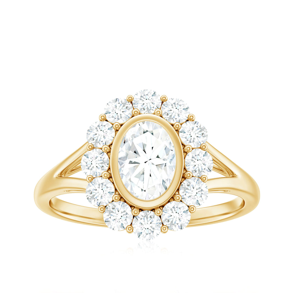 Oval Cut Moissanite Halo Engagement Ring with Split Shank