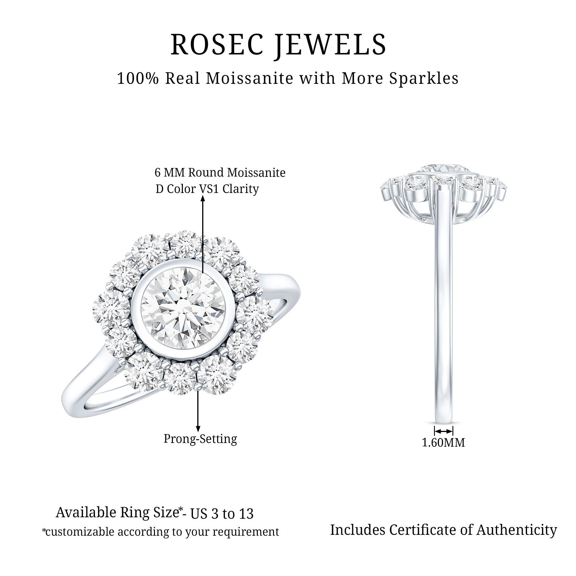 Round Moissanite Statement Engagement Ring with Halo