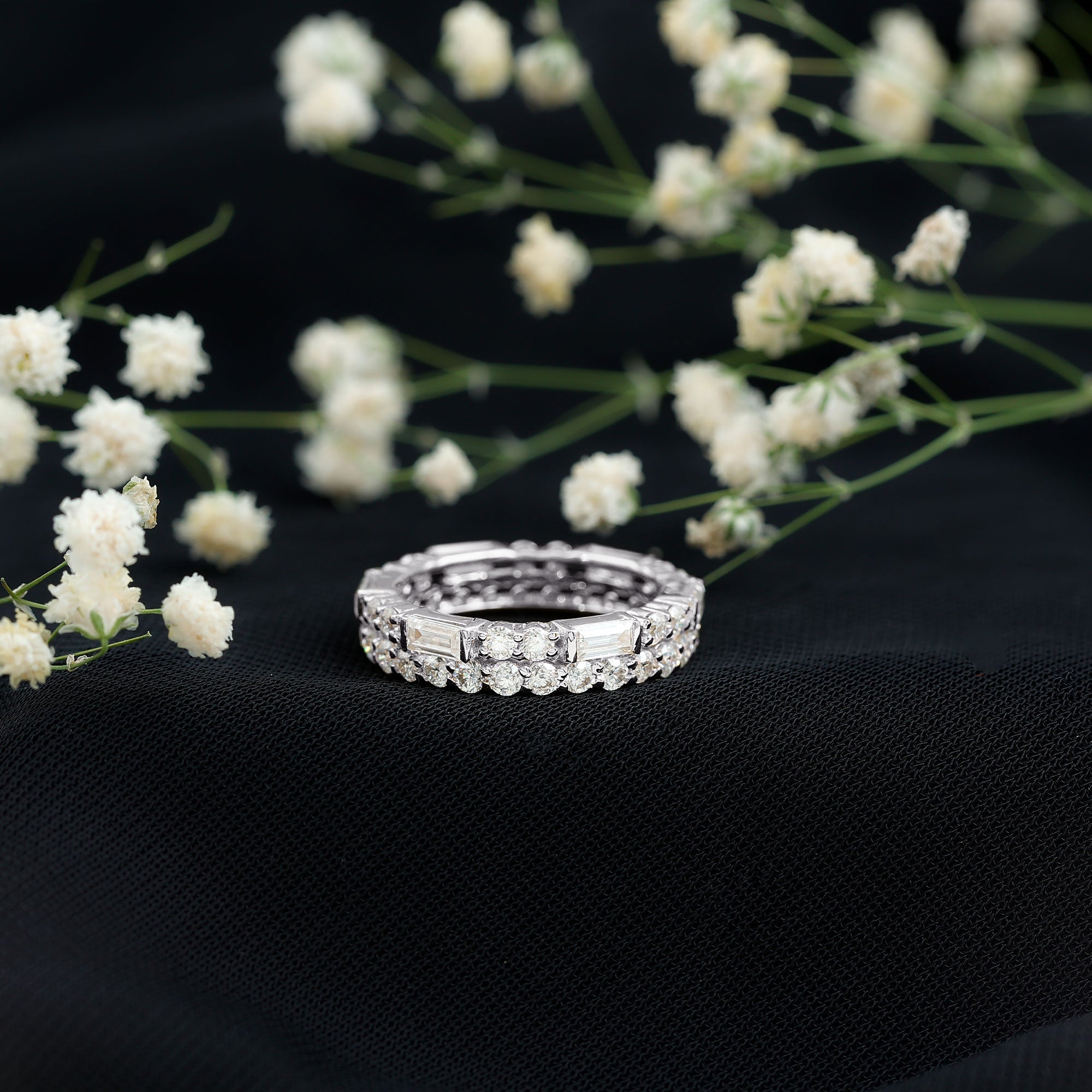 Certified Moissanite Two Row Wedding Band Ring