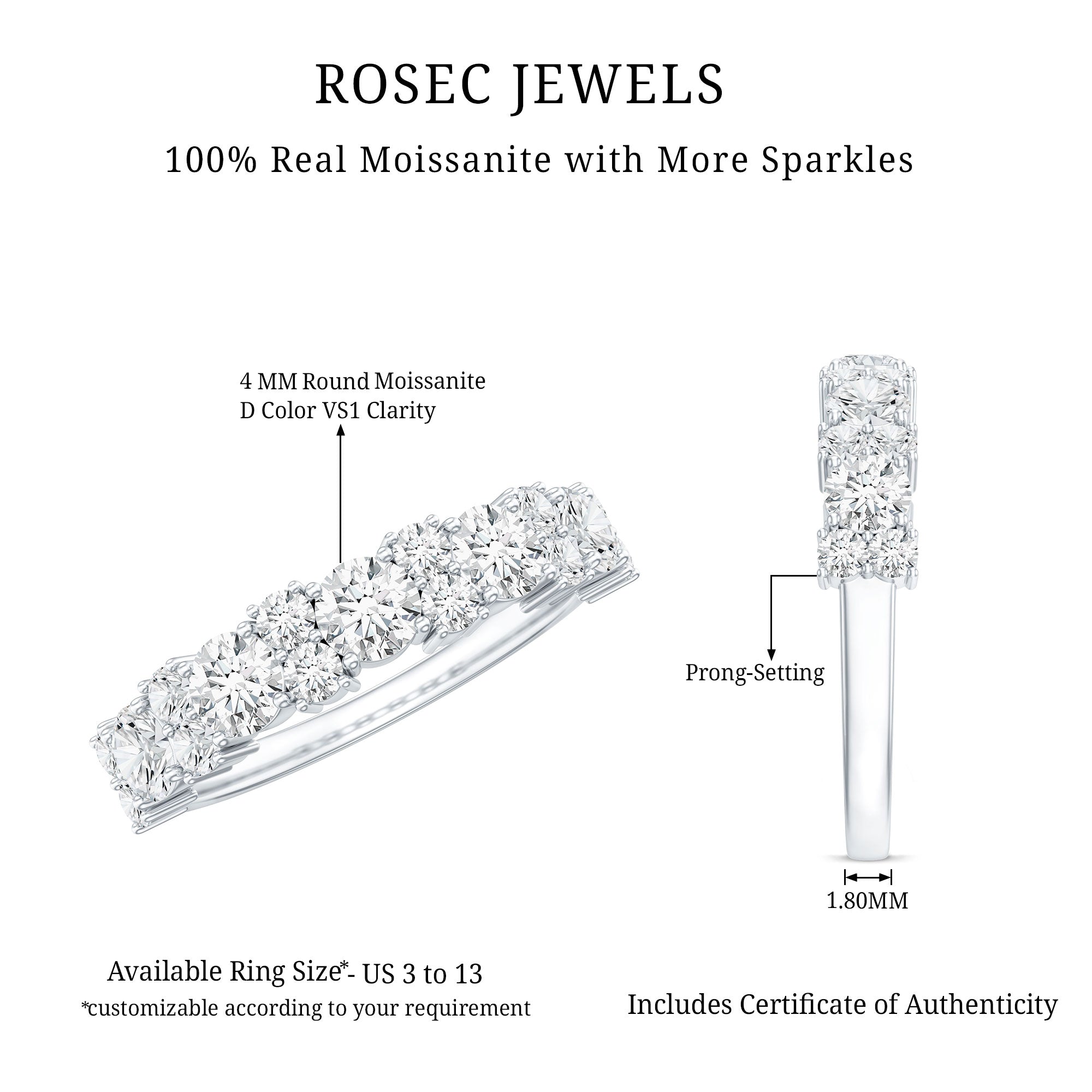 Moissanite Half Eternity Wedding Band with Certificate