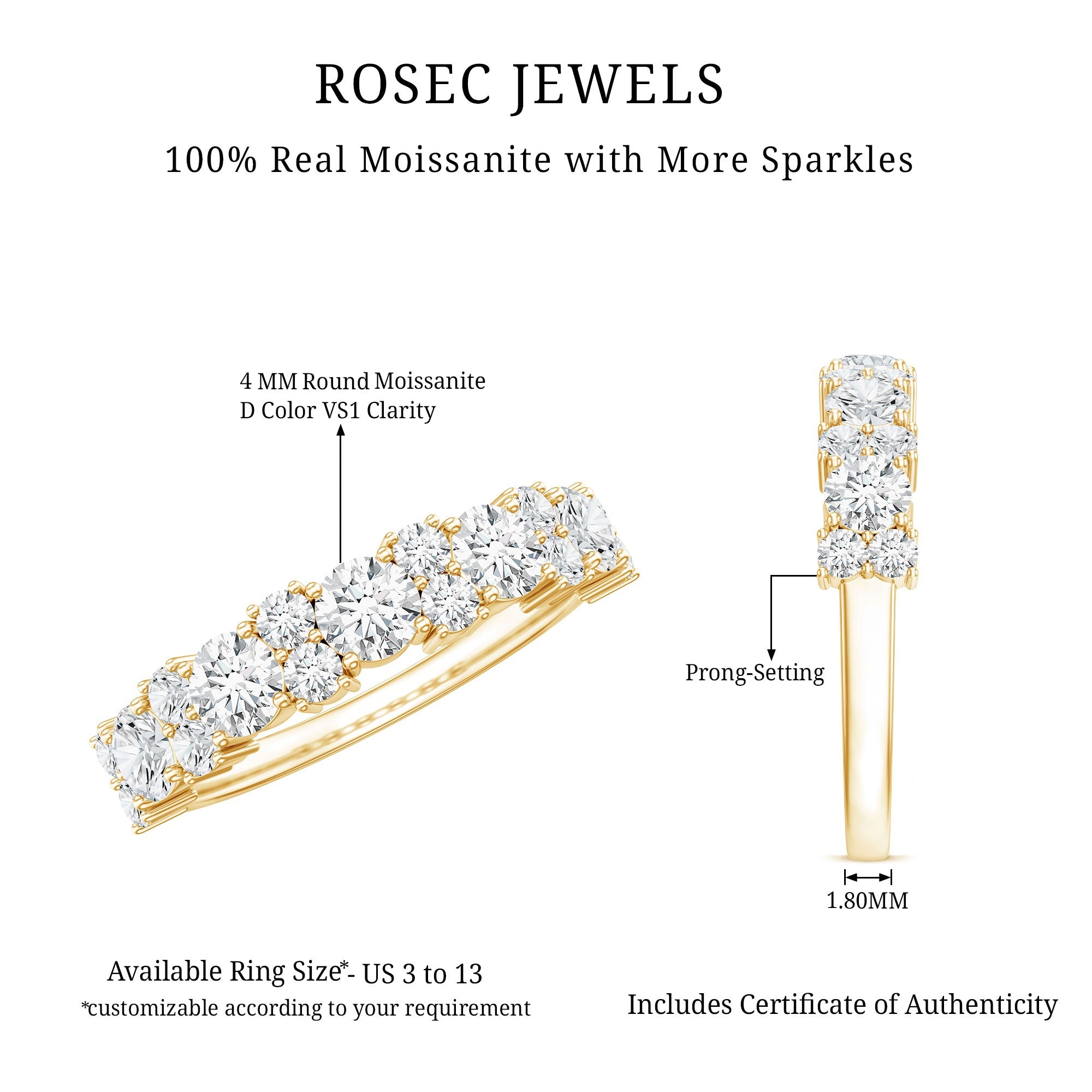 Moissanite Half Eternity Wedding Band with Certificate