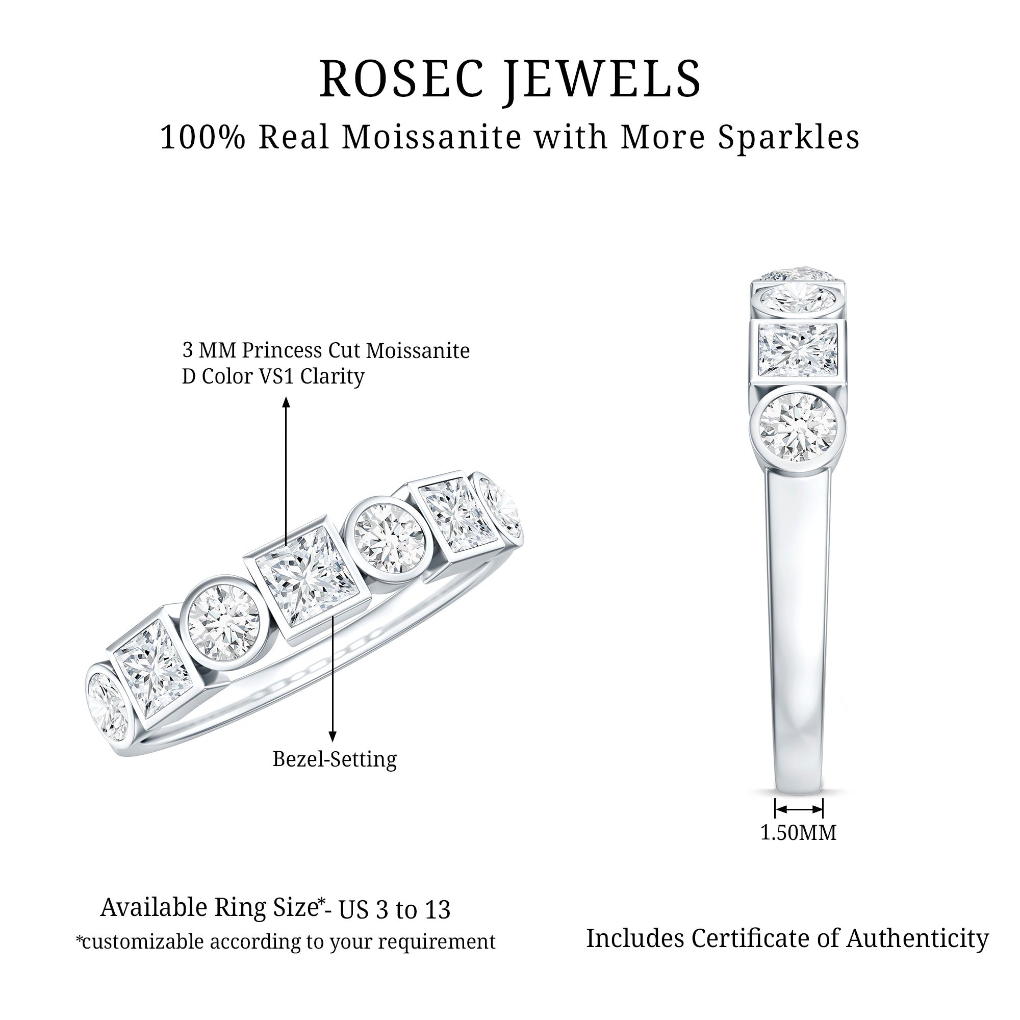 Alternate Bezel Set Moissanite Half Eternity Band Ring