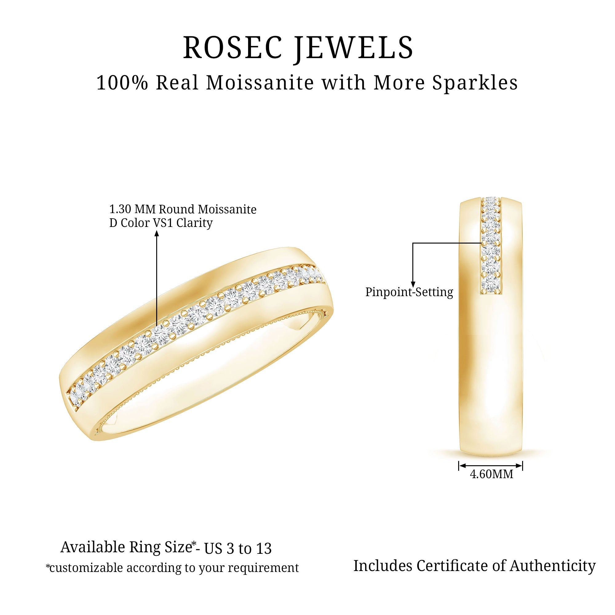 Certified Moissanite Classic Wedding Band Ring