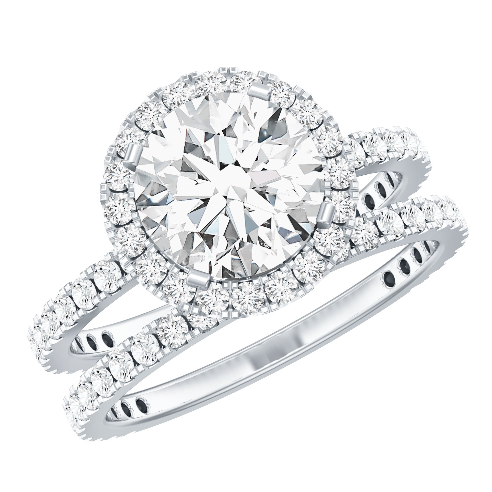 2 Carat Round Shape Moissanite Halo Wedding Ring Set