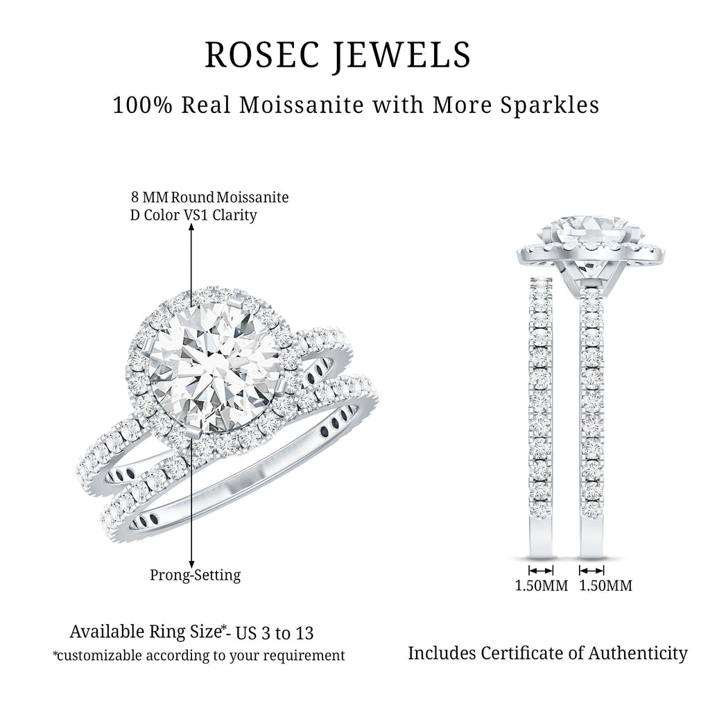 2 Carat Round Shape Moissanite Halo Wedding Ring Set