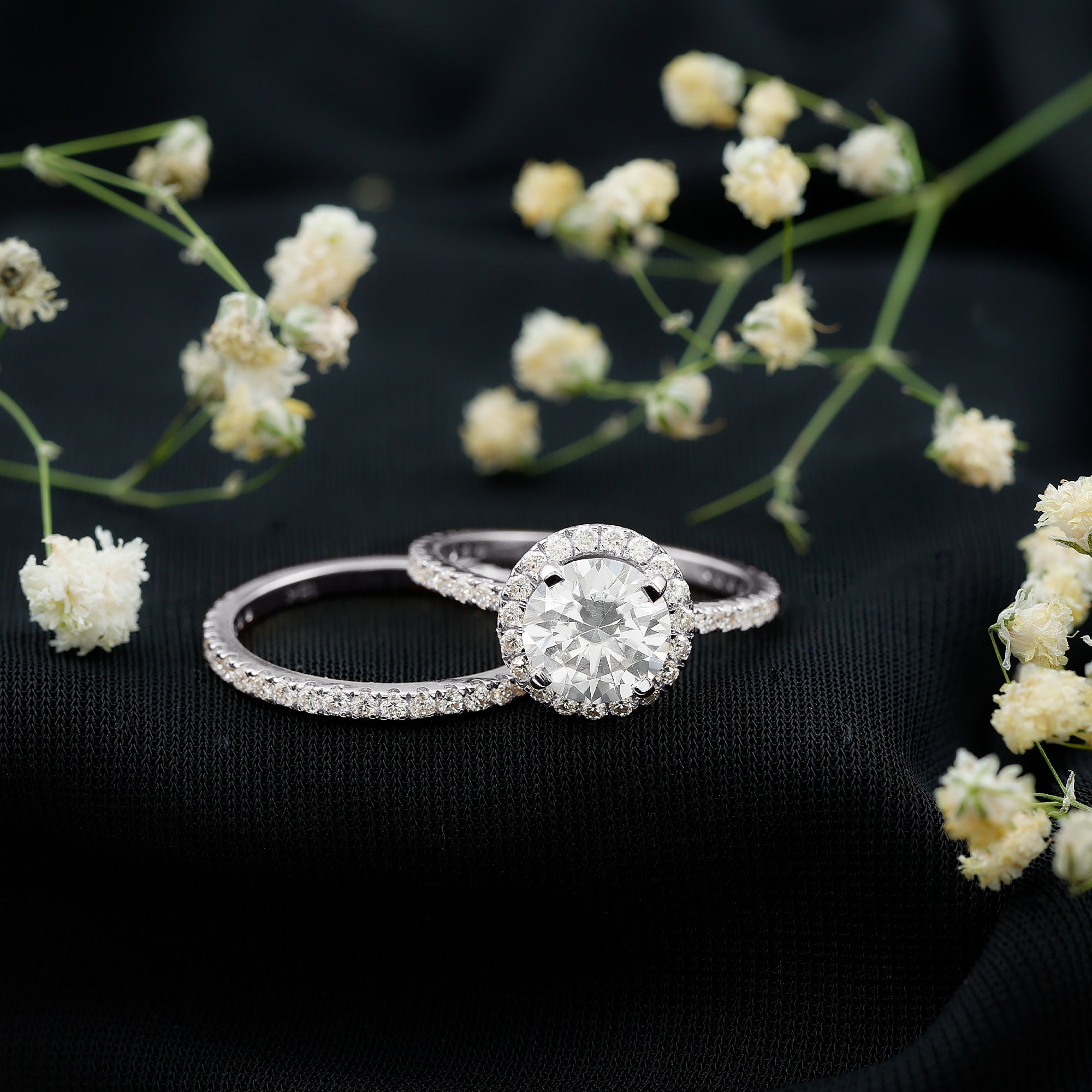 2 Carat Round Shape Moissanite Halo Wedding Ring Set