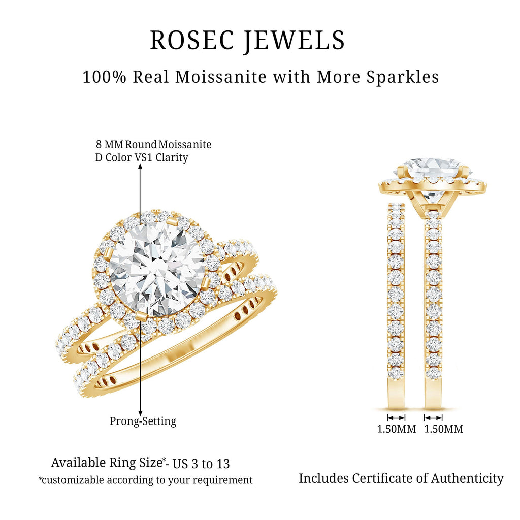 2 Carat Round Shape Moissanite Halo Wedding Ring Set