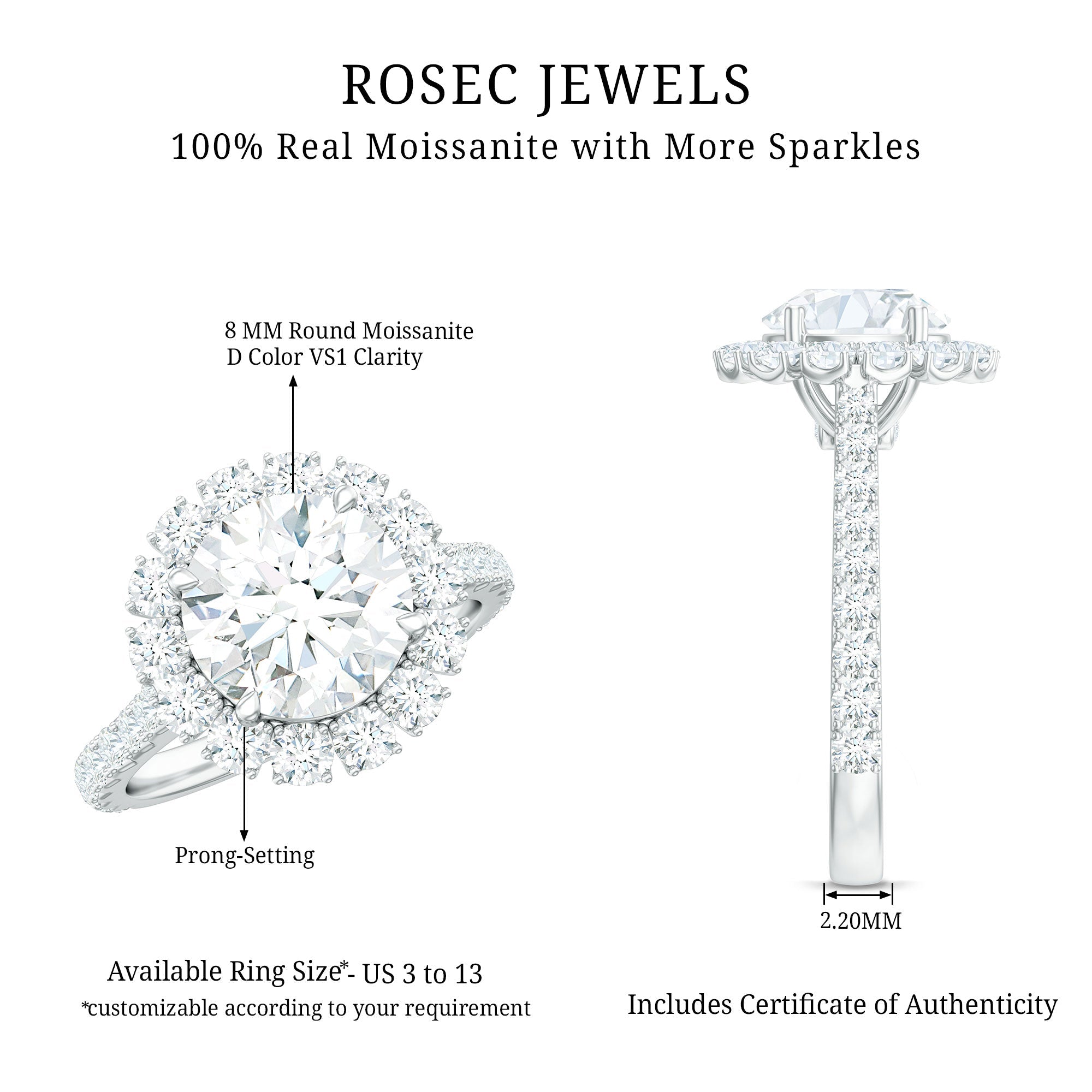 Certified Brilliant Cut Moissanite Halo Engagement Ring