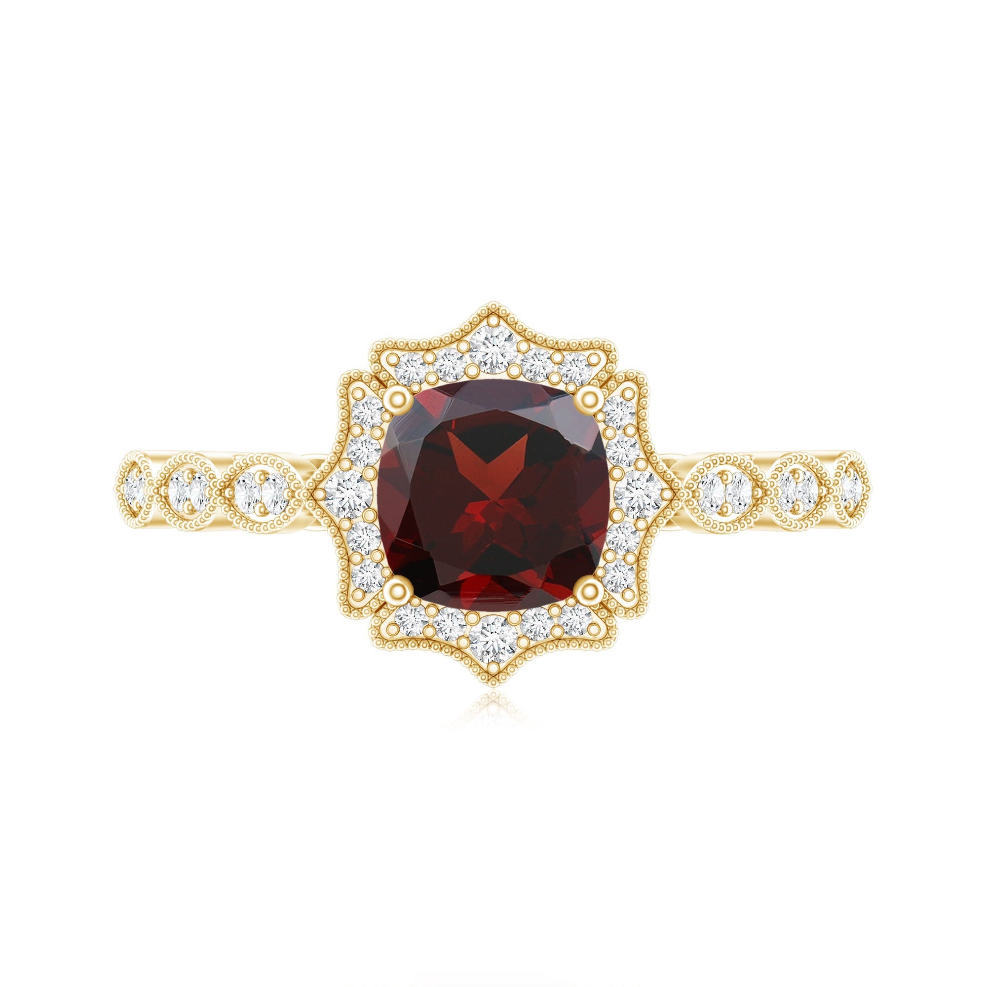 Vintage Looking 3.2 Carat Garnet Cushion Cut Engagement Ring with Diamond