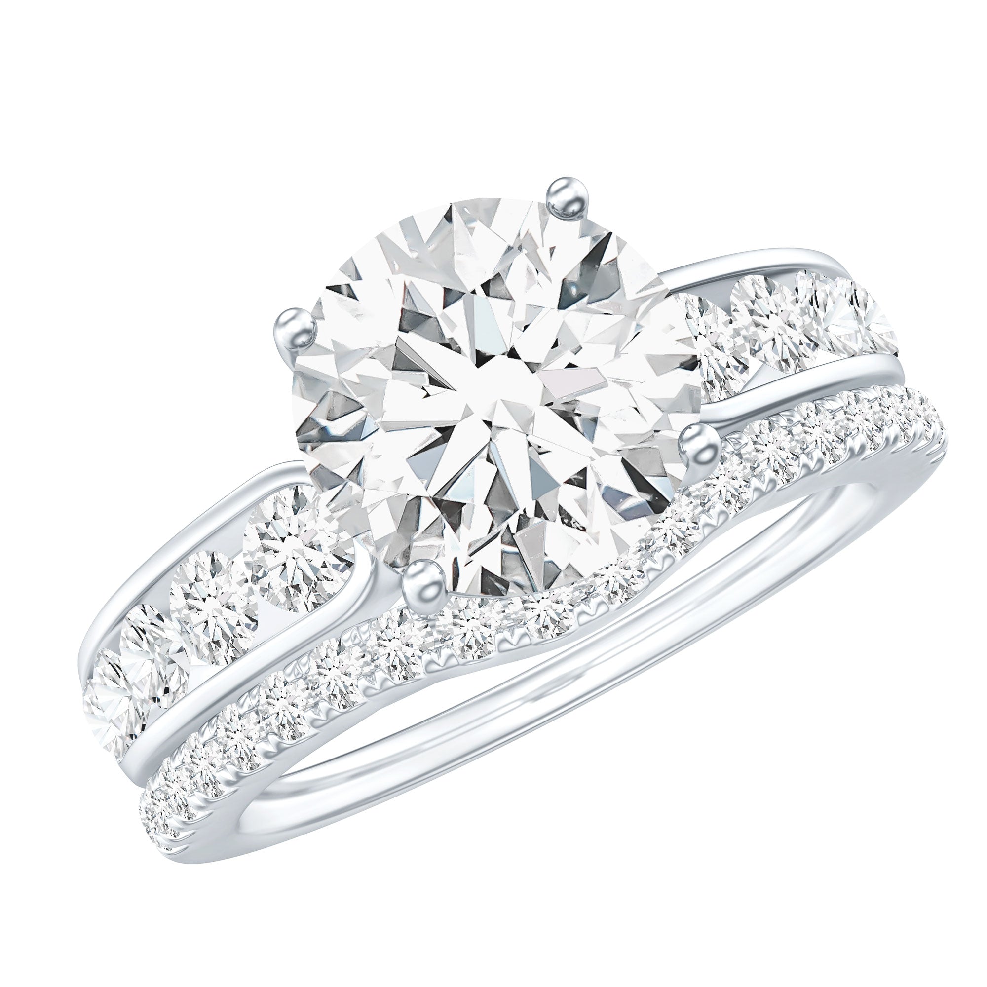 Certified 2 Carat Round Moissanite Engagement Ring with Wedding Band