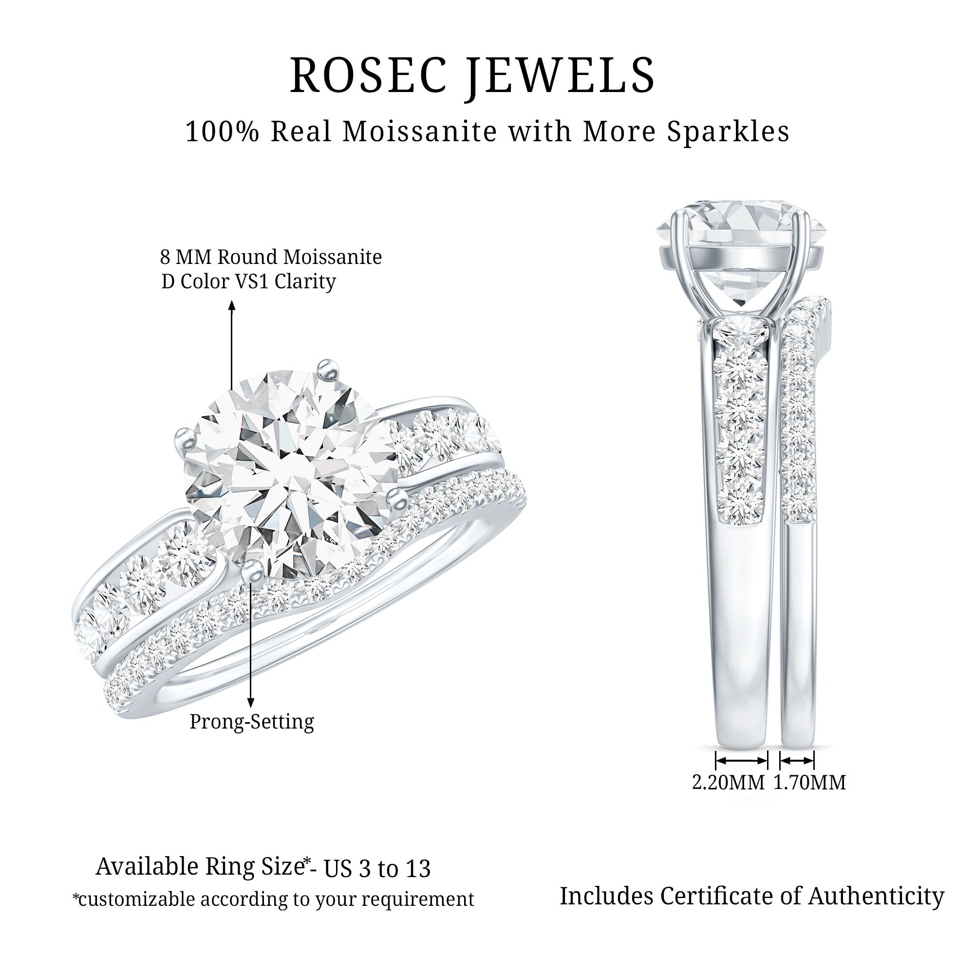 Certified 2 Carat Round Moissanite Engagement Ring with Wedding Band