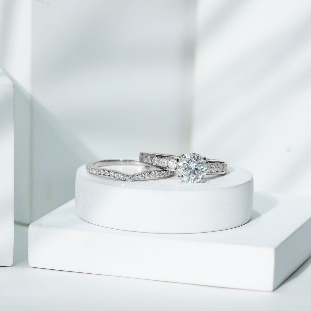 Certified 2 Carat Round Moissanite Engagement Ring with Wedding Band