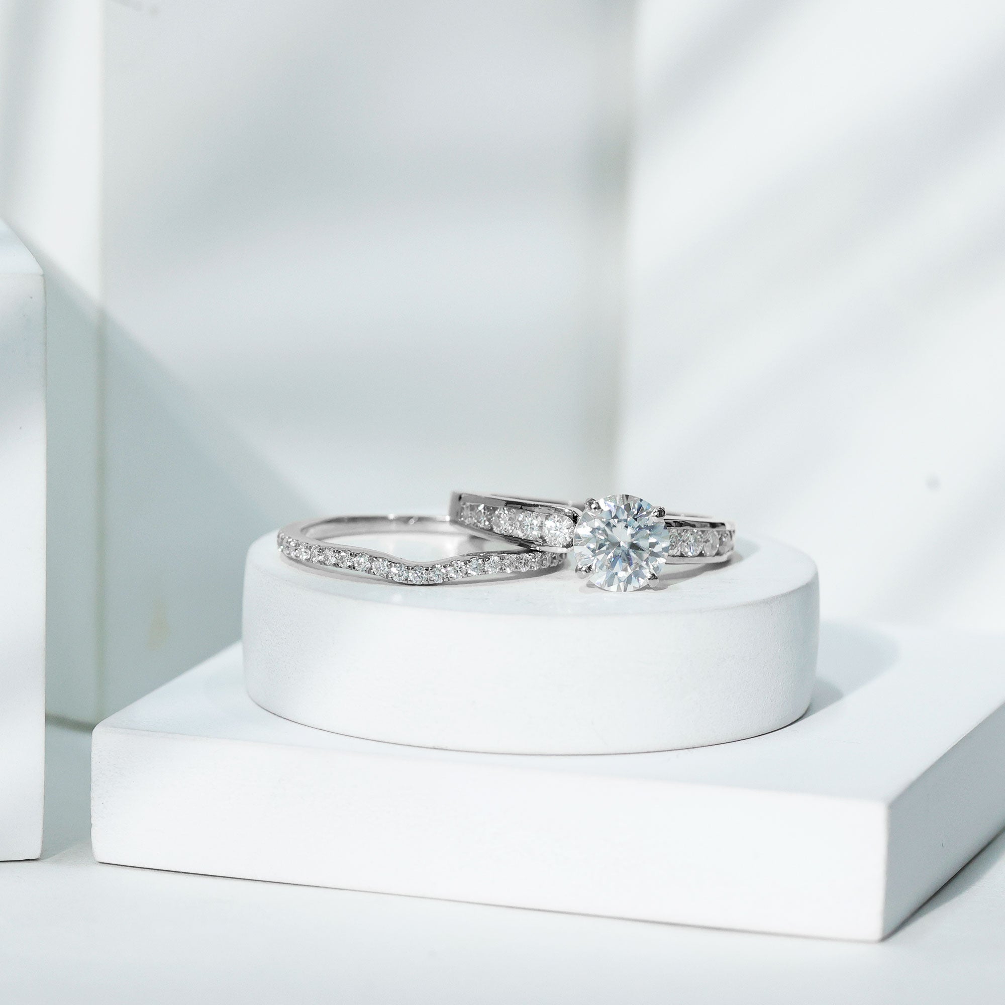 Certified 2 Carat Round Moissanite Engagement Ring with Wedding Band