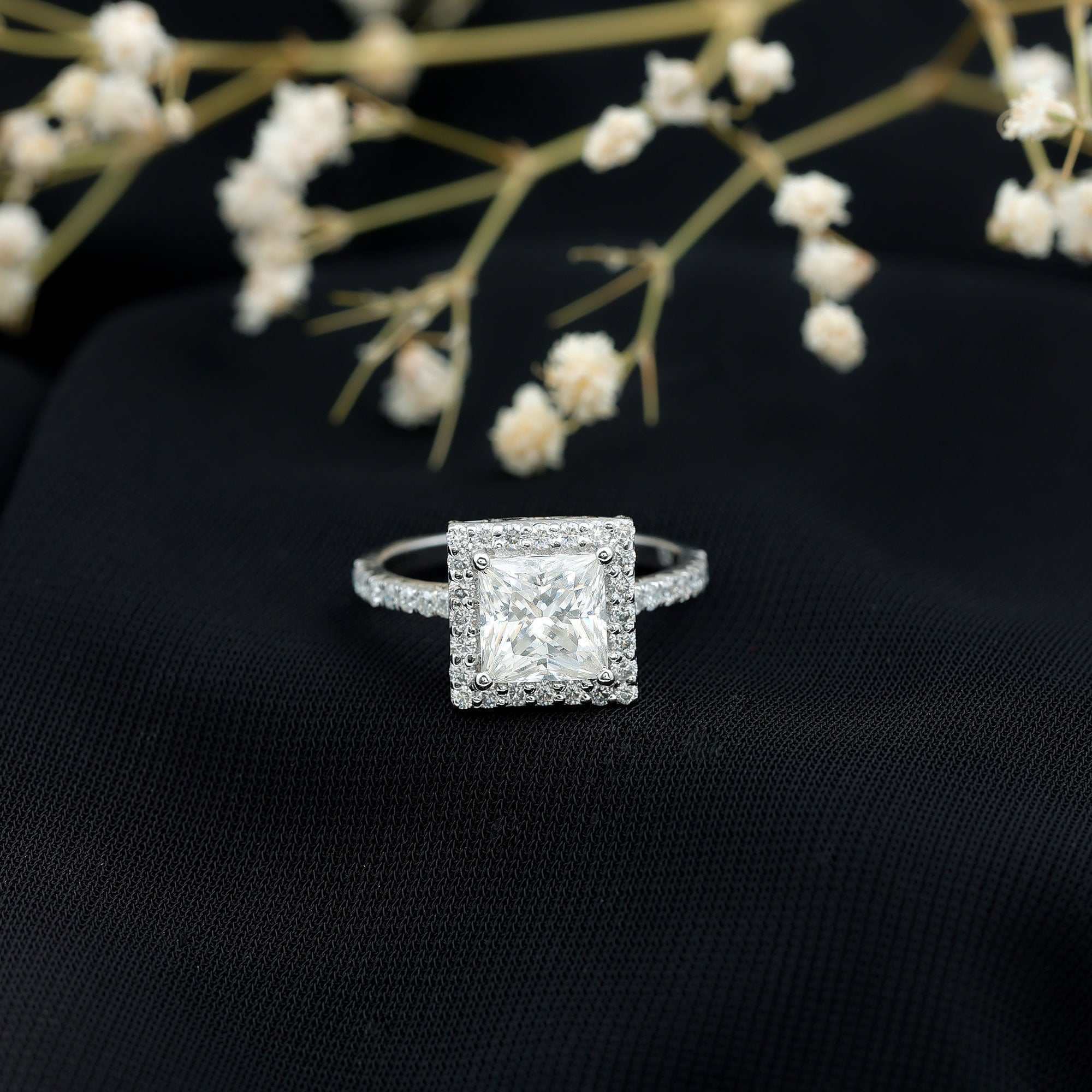 3 Carat Princess Cut Moissanite Halo Engagement Ring