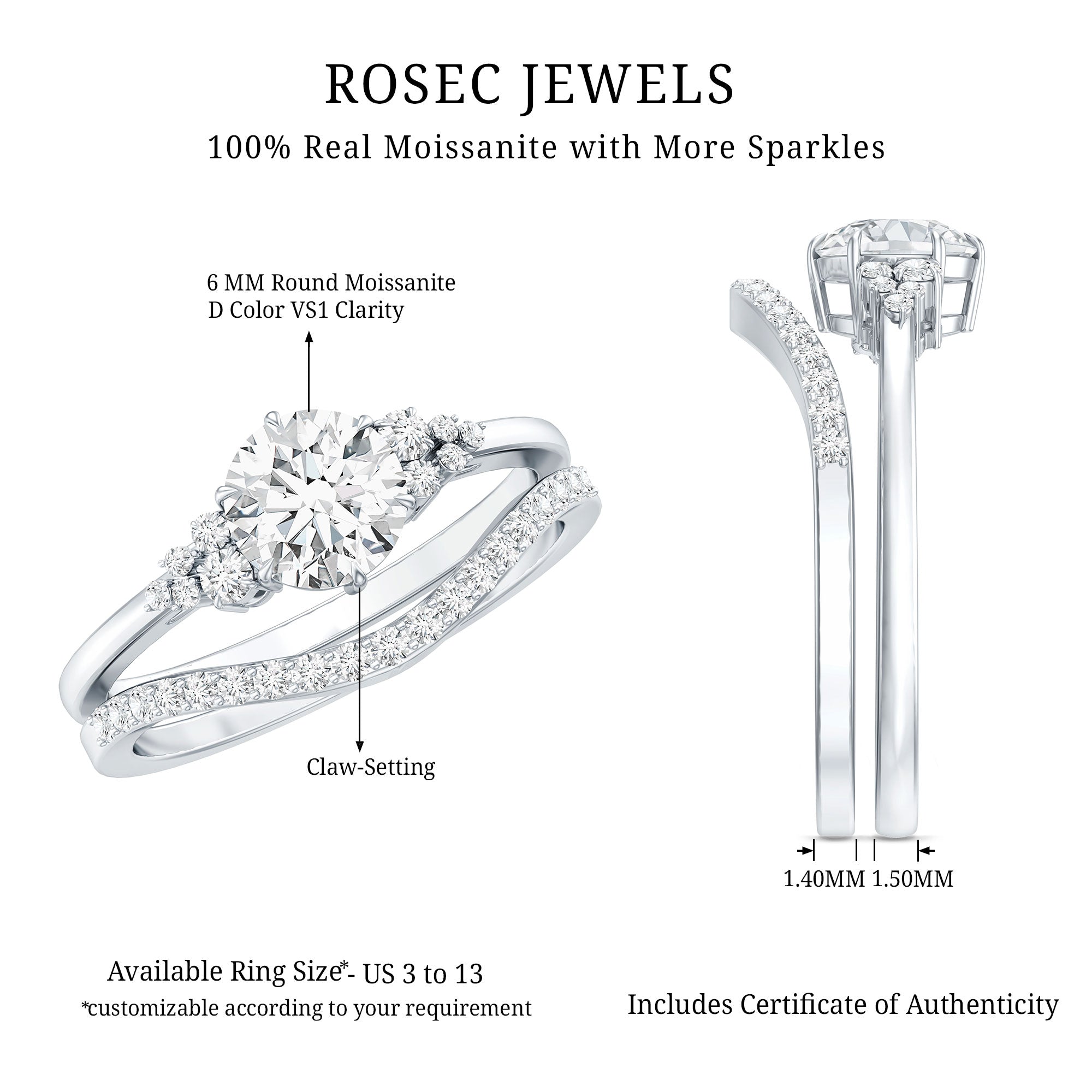 0.9 Carat Round Cut Moissanite Wedding Ring Set For Bride