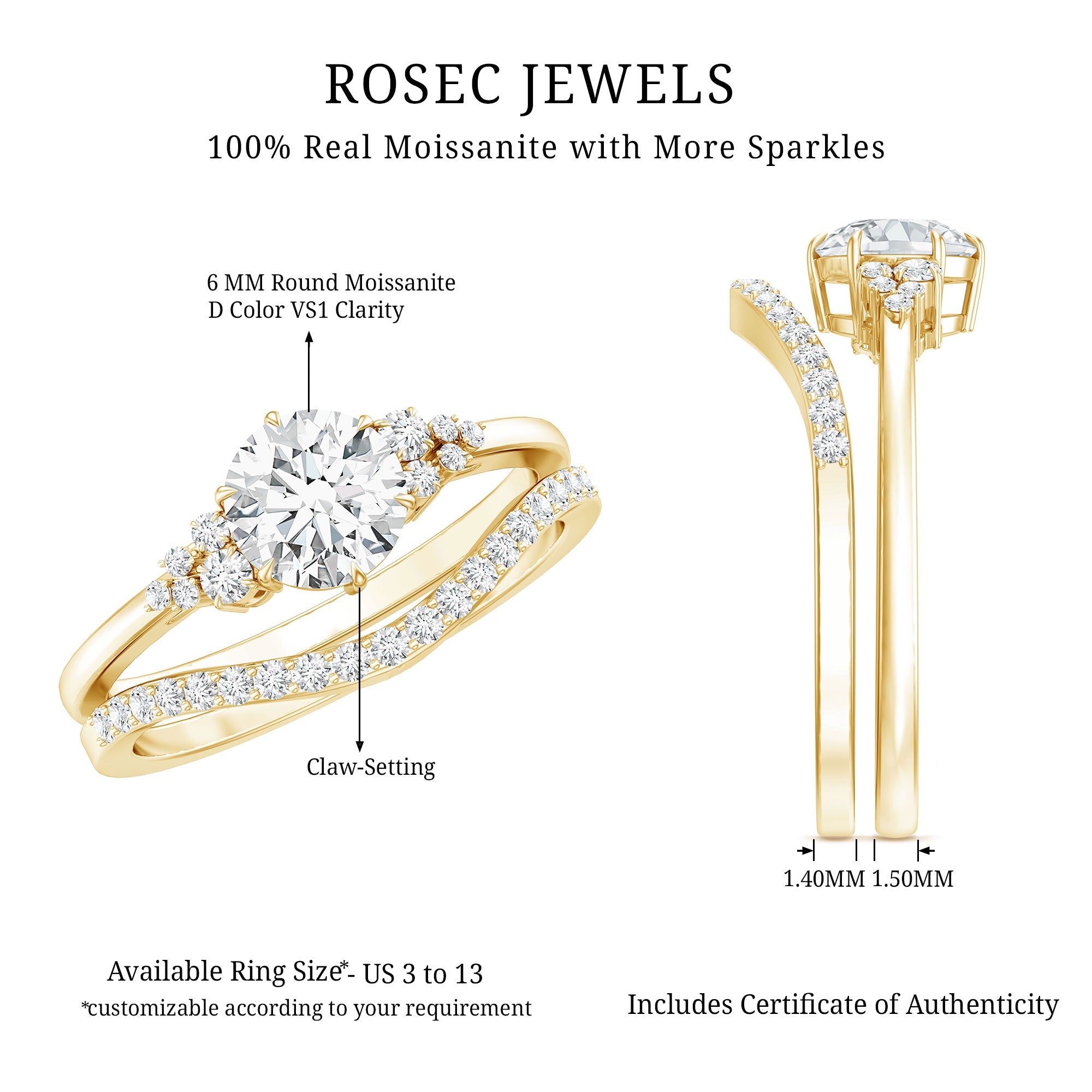 0.9 Carat Round Cut Moissanite Wedding Ring Set For Bride