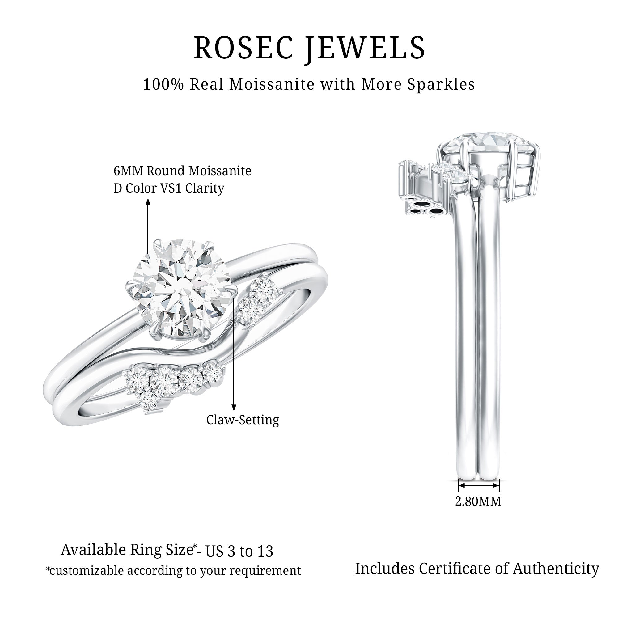 Solitaire Moissanite Wedding Ring Set for Her