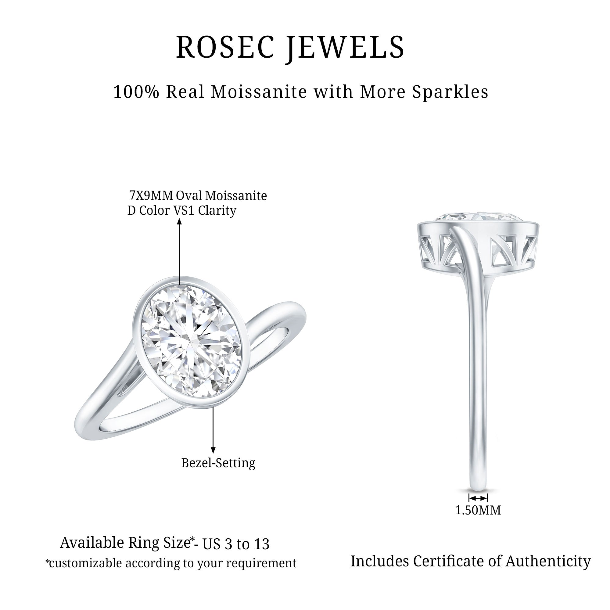 Solitaire 2 Carat Moissanite Bezel Set Engagement Ring with Bypass Shank