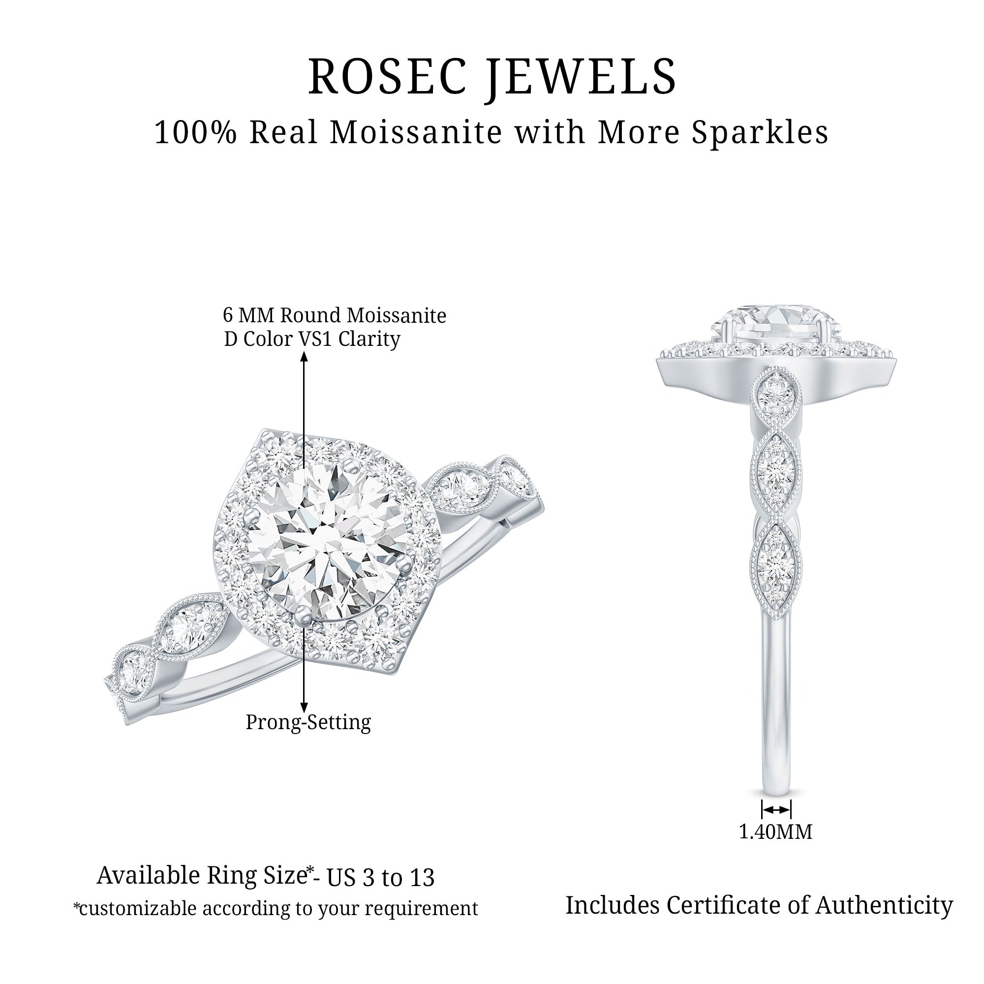 Antique Style Moissanite Halo Engagement Ring