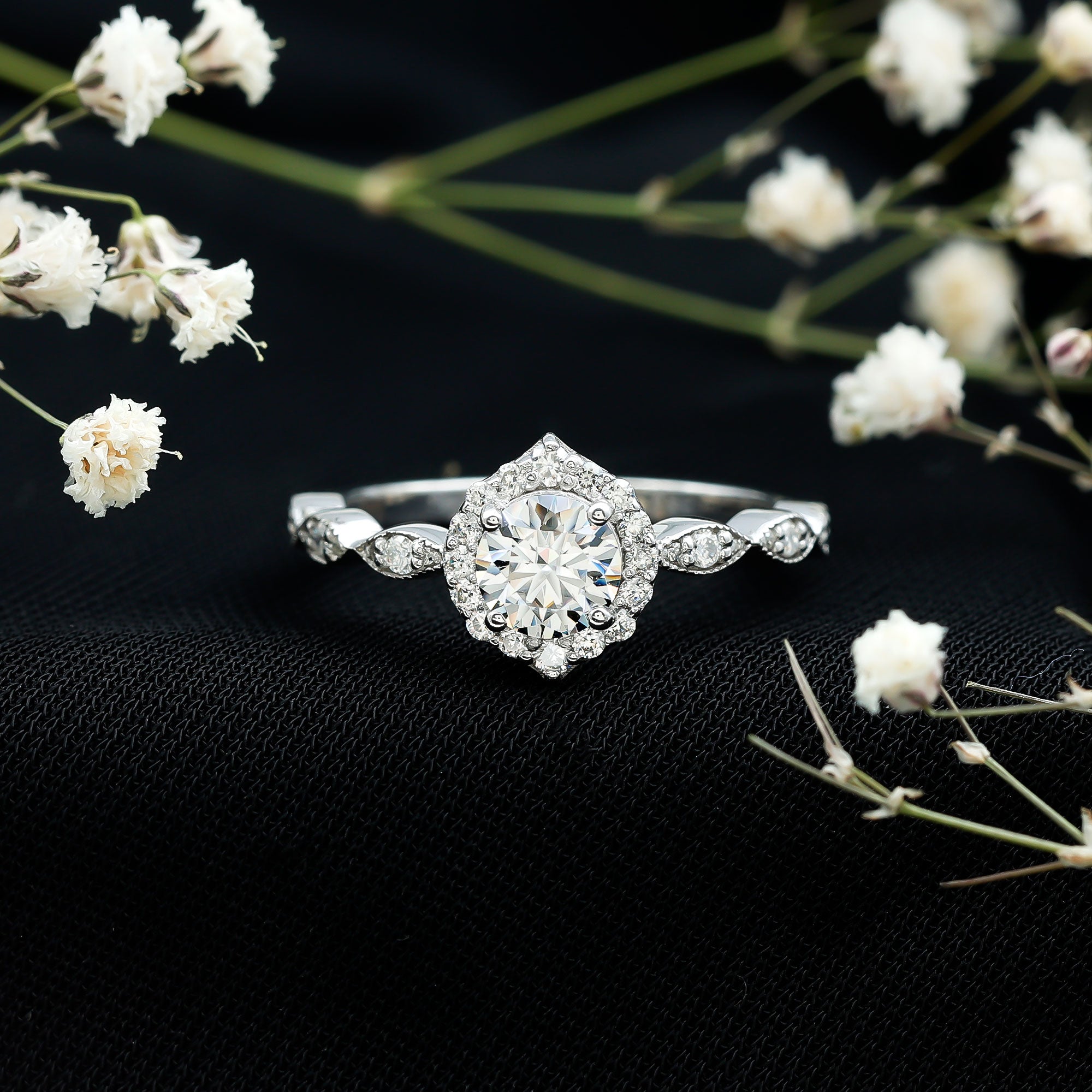 Antique Style Moissanite Halo Engagement Ring
