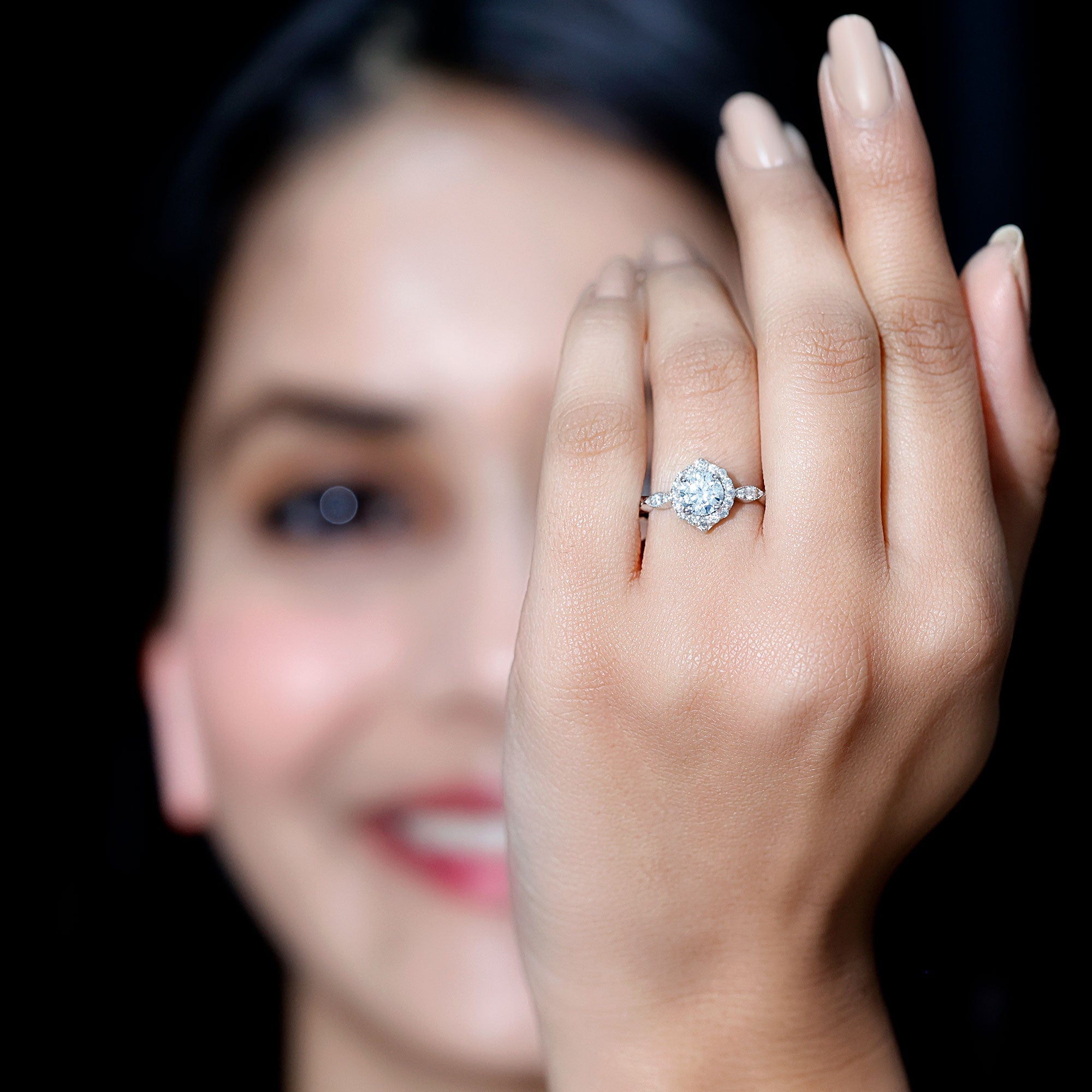 Antique Style Moissanite Halo Engagement Ring