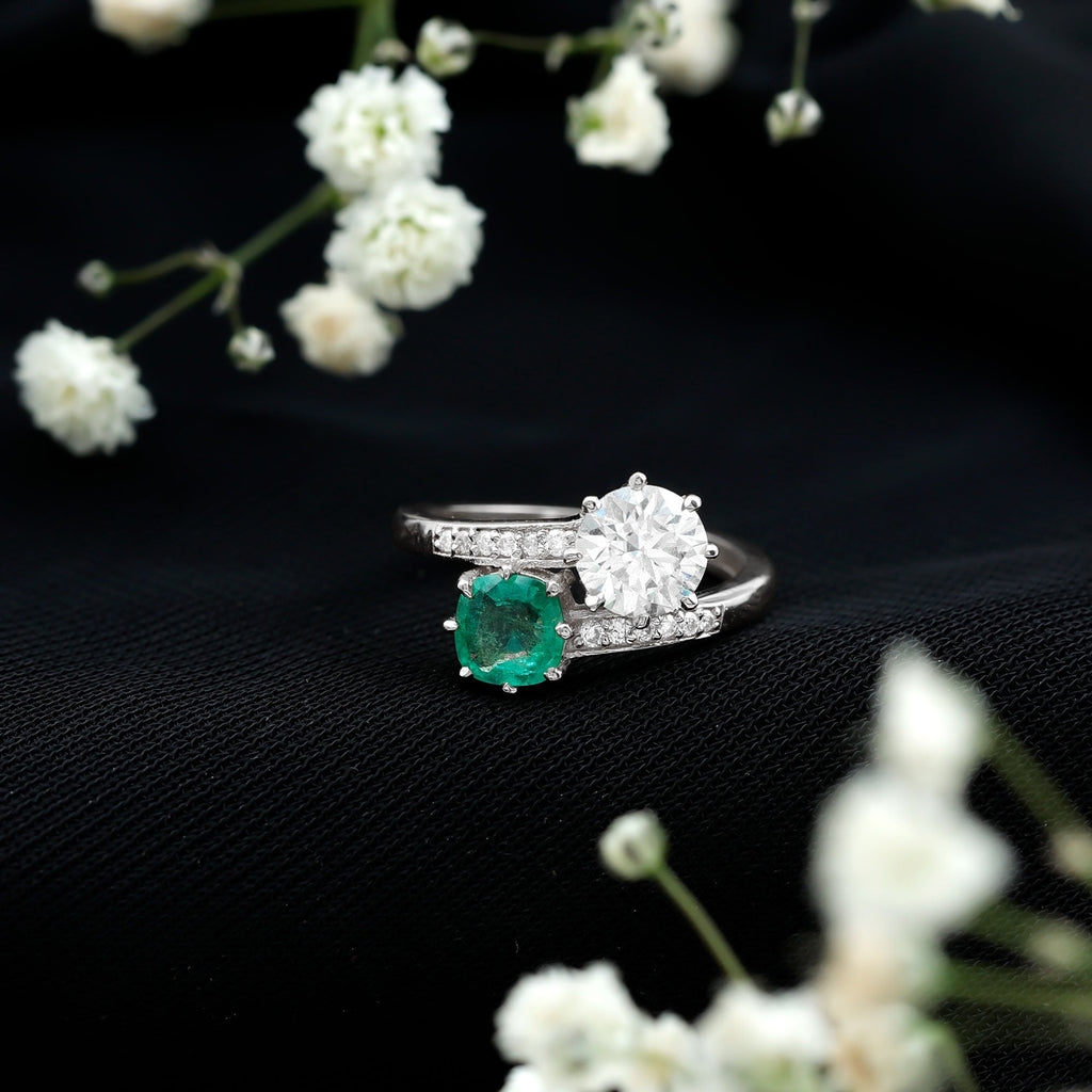 Emerald and Moissanite Two Stone Engagement Ring in Bypass Shank