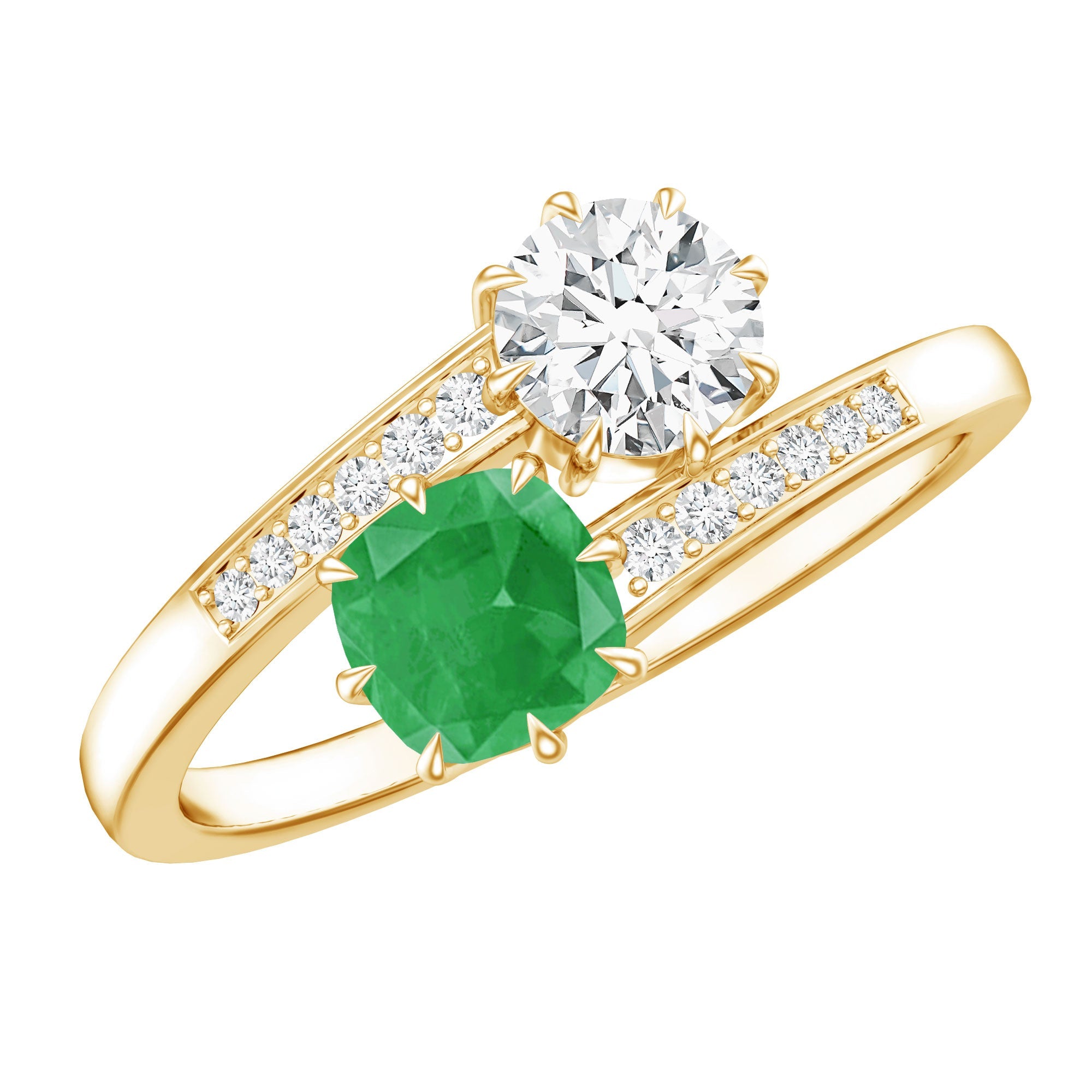 Emerald and Moissanite Two Stone Engagement Ring in Bypass Shank | Rings | Wiccan Center