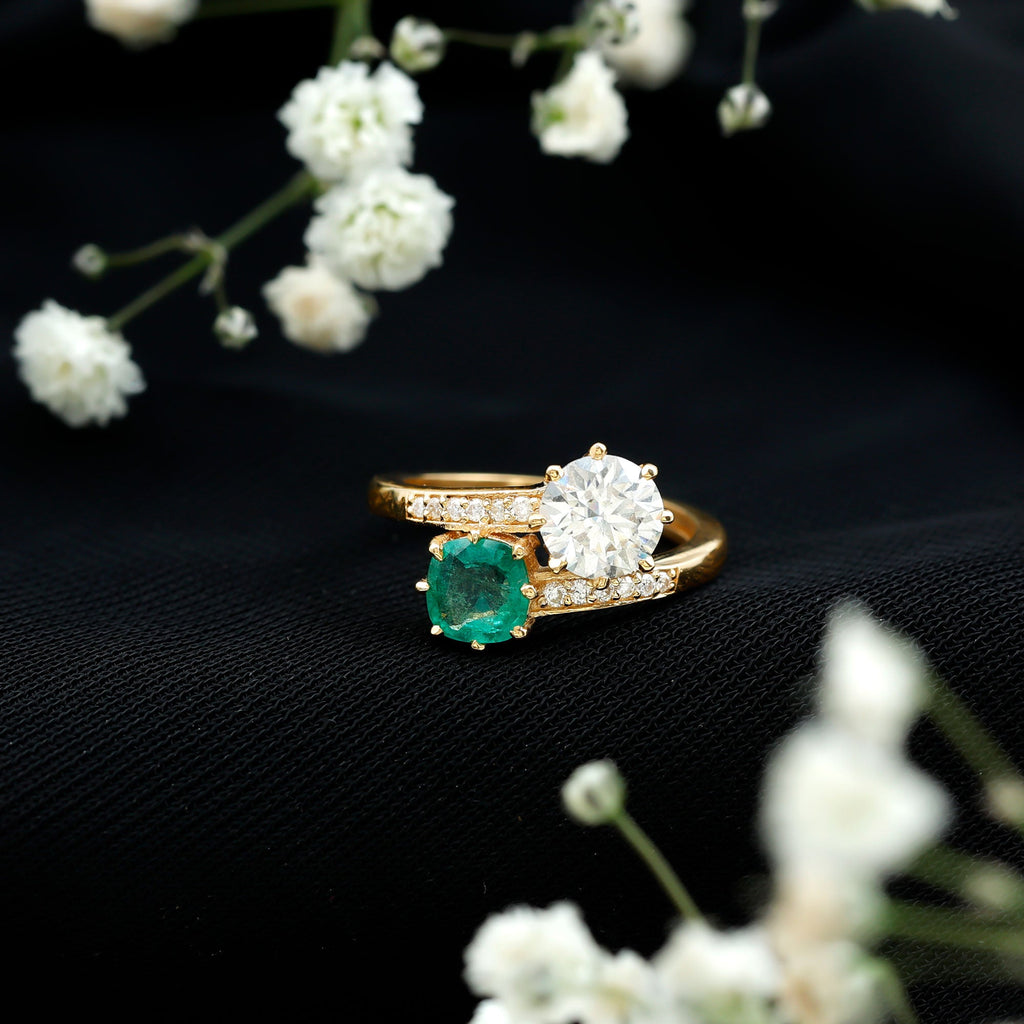 Emerald and Moissanite Two Stone Engagement Ring in Bypass Shank