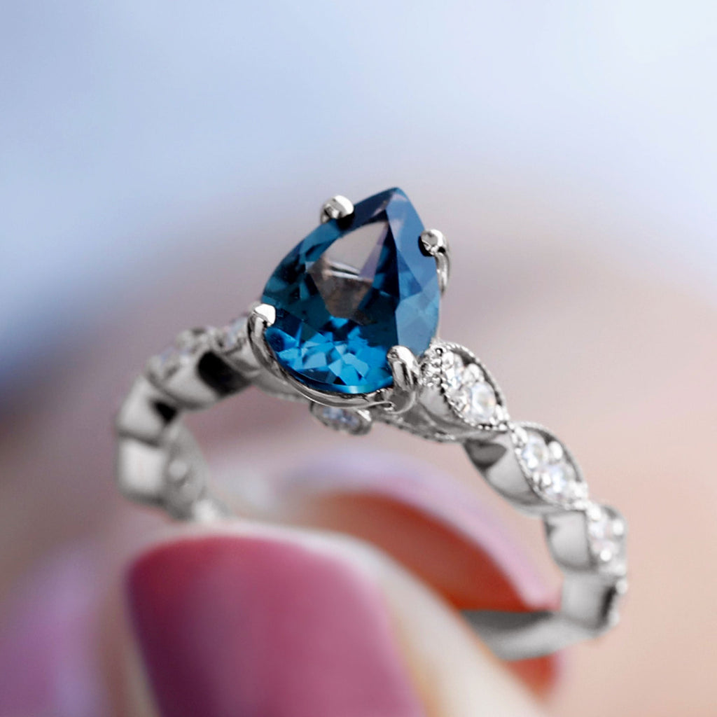Pear Shaped London Blue Topaz and Diamond Engagement Ring For Women