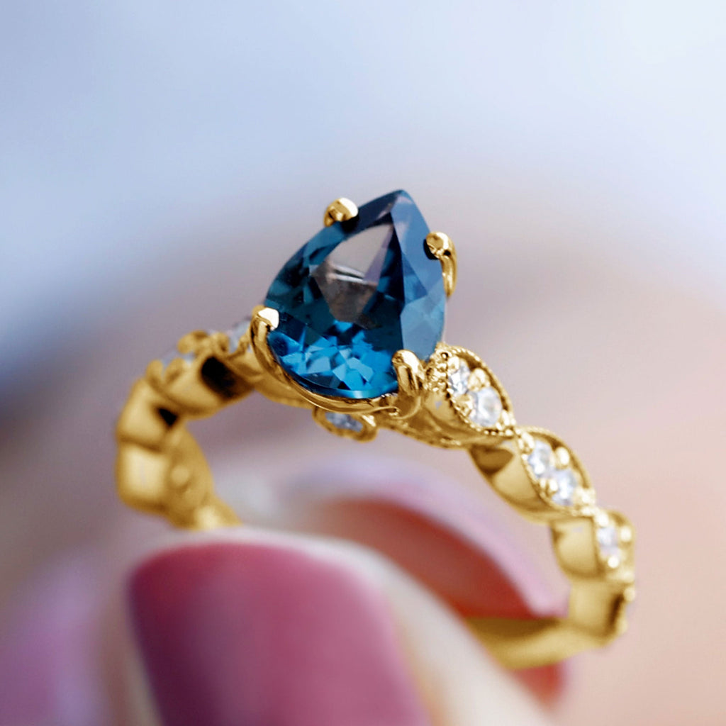 Pear Shaped London Blue Topaz and Diamond Engagement Ring For Women