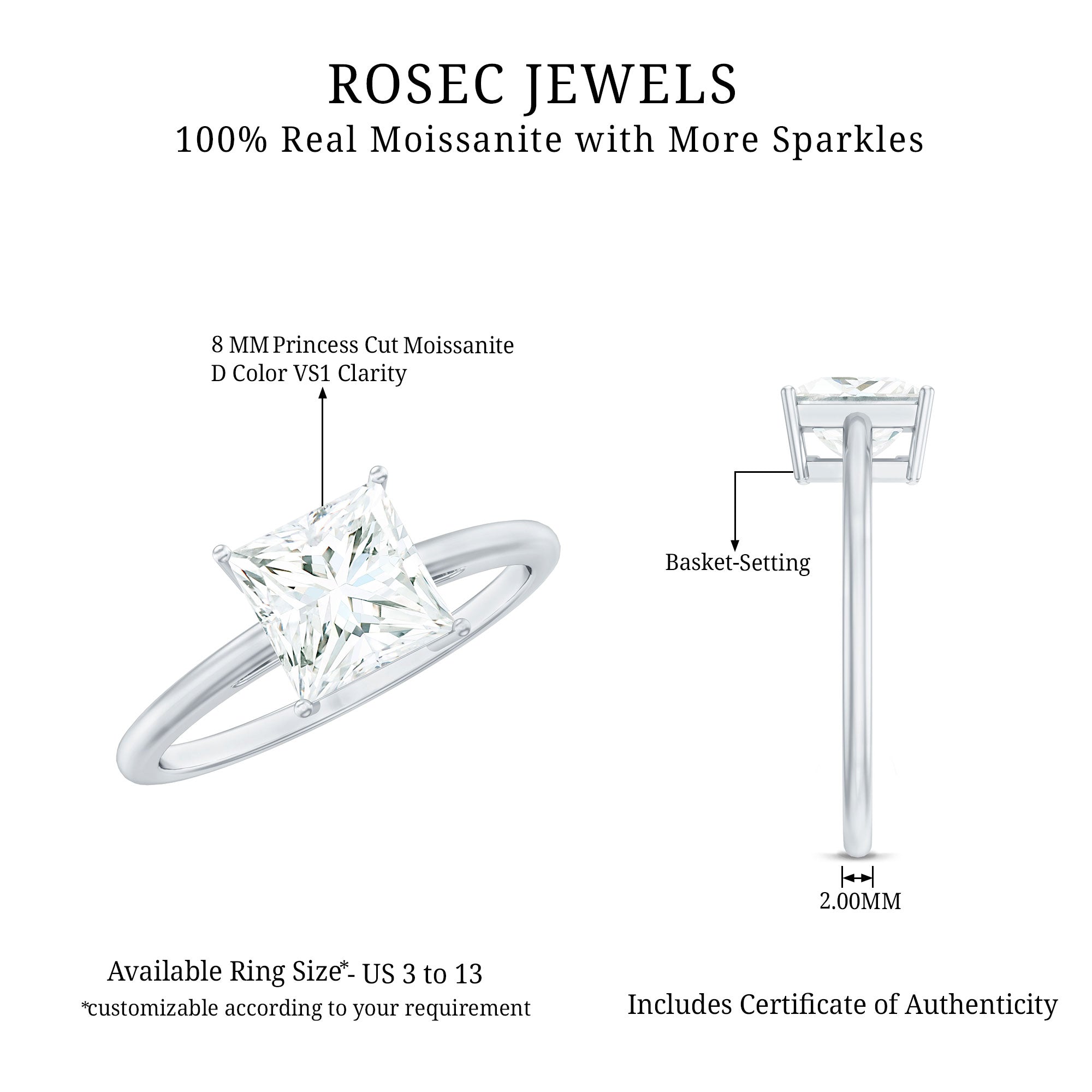 3 Carat Princess Cut Moissanite Solitaire Engagement Ring