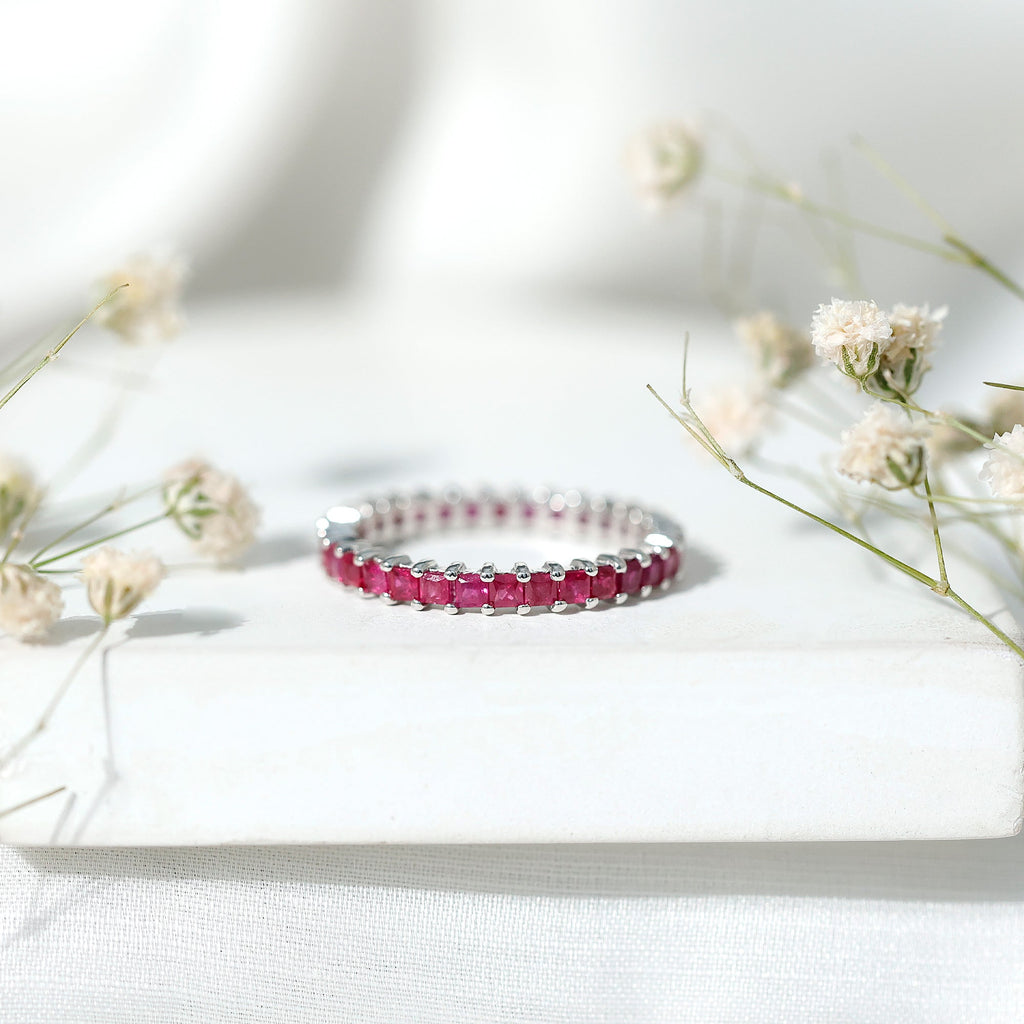 Princess Cut Ruby Eternity Ring – Thin Ruby Wedding Band in Shared Prong Setting | Real AAA Ruby