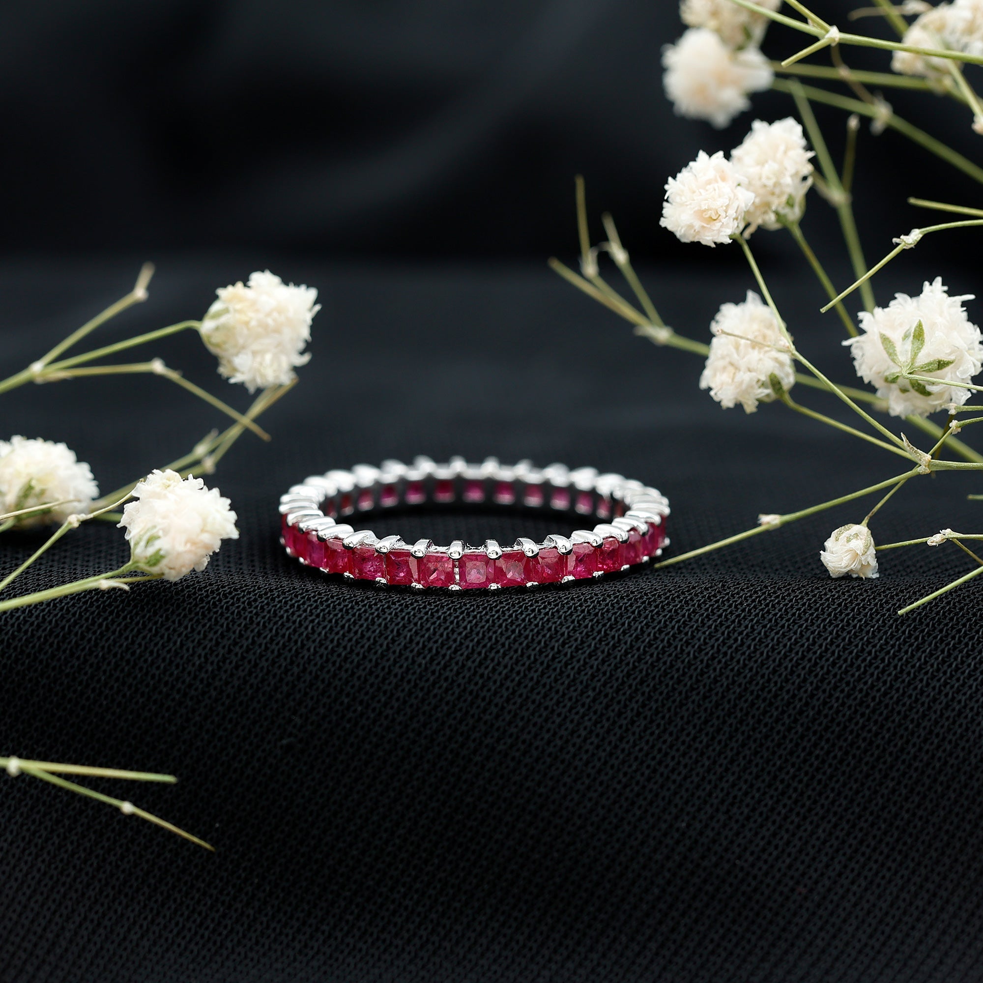 Princess Cut Ruby Eternity Ring – Thin Ruby Wedding Band in Shared Prong Setting | Real AAA Ruby