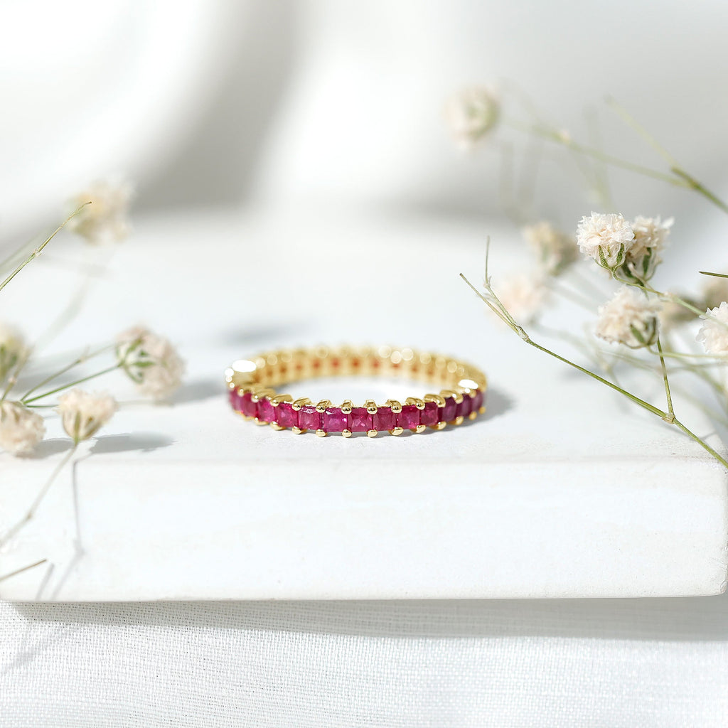 Princess Cut Ruby Eternity Ring – Thin Ruby Wedding Band in Shared Prong Setting | Real AAA Ruby