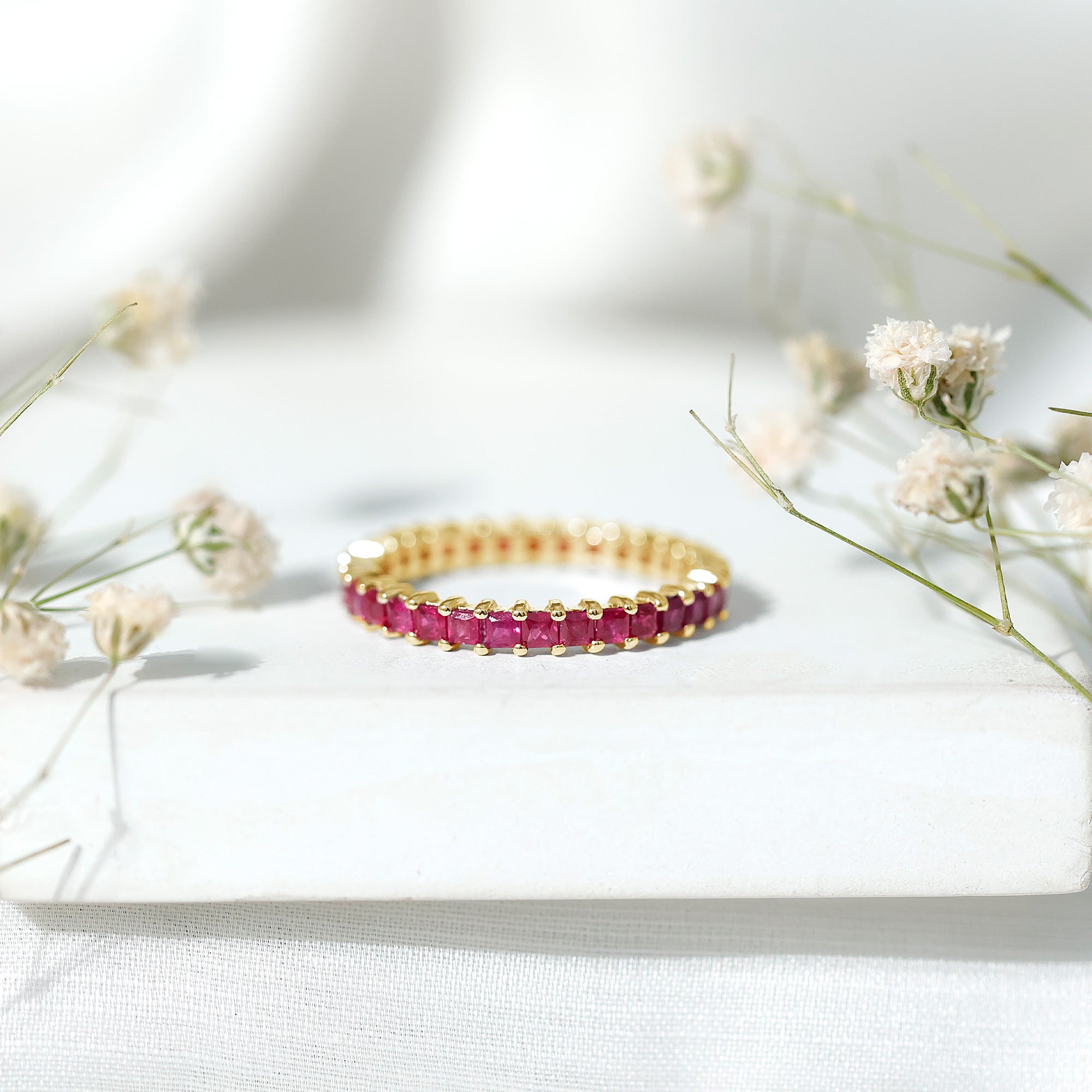 Princess Cut Ruby Eternity Ring – Thin Ruby Wedding Band in Shared Prong Setting | Real AAA Ruby